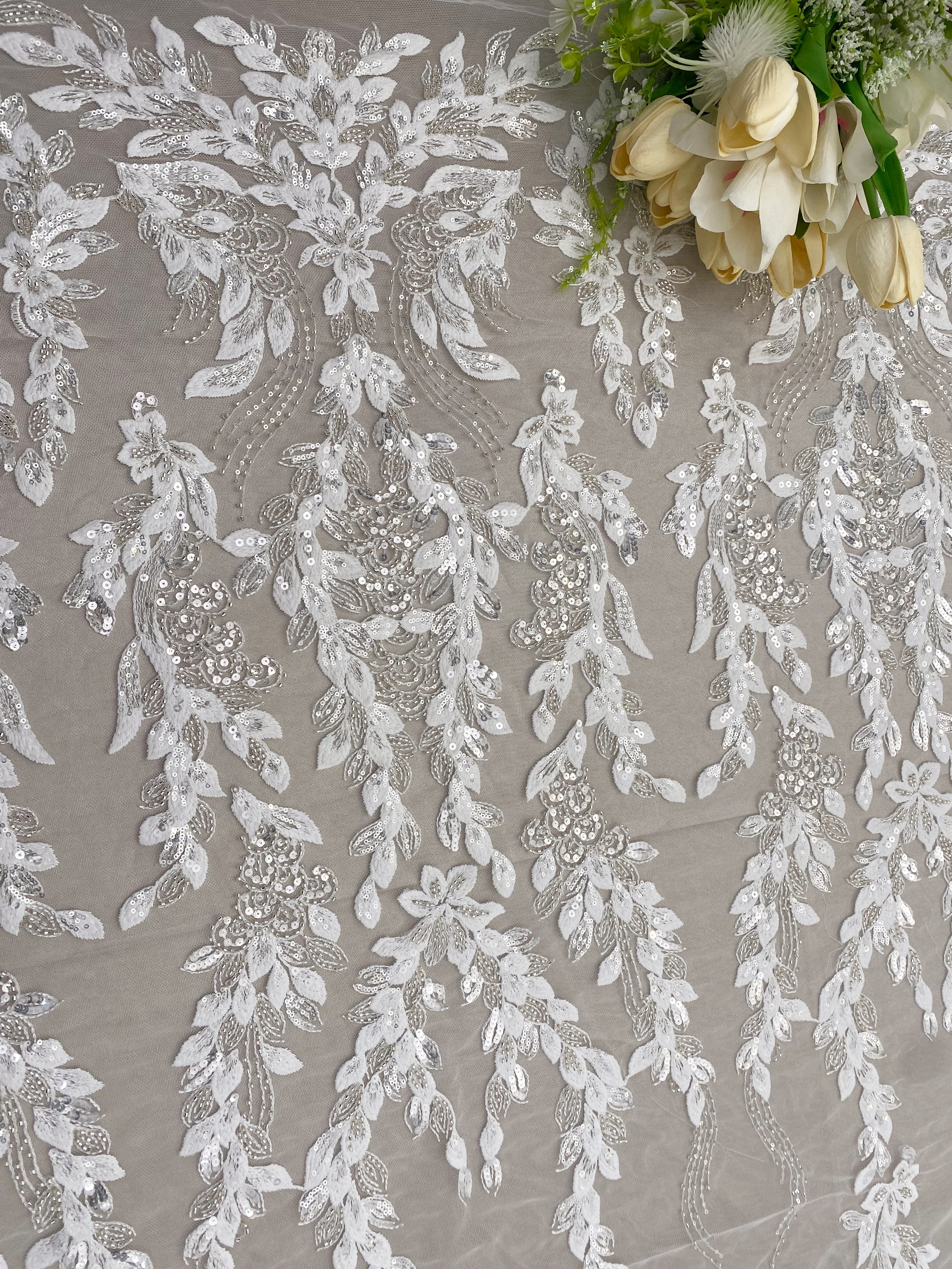 Leaves Embroidery Fabric with Beads and Sequins, Lace fabric for Wedding Dresses, Bridal Veil, Evening Gowns, Tulle Mesh Material