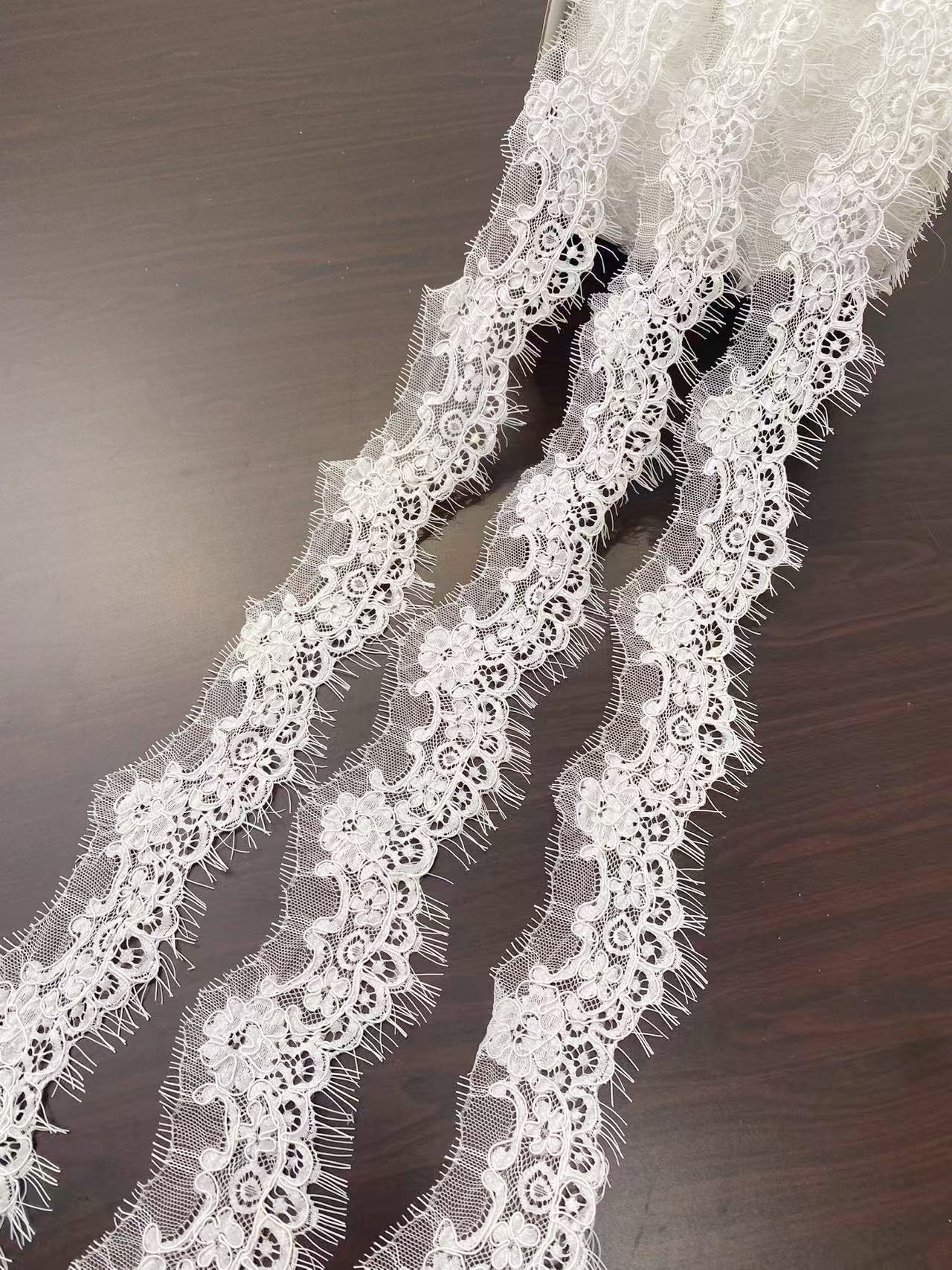 3 Yards French Alencon Corded Lace Trim with Eyelash, Floral Veil Lace Fabric for Bridal Wedding Accessories