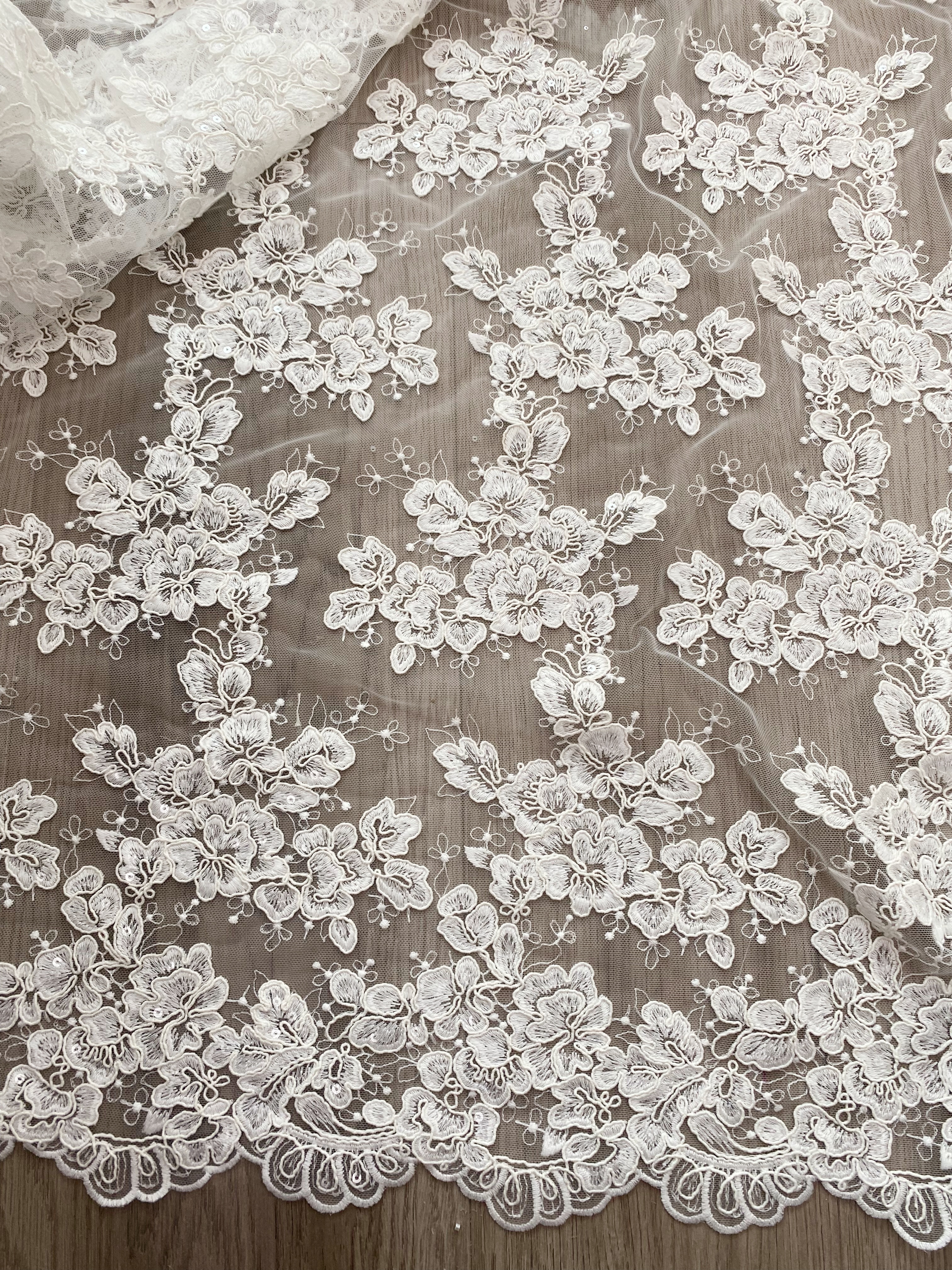 Ivory Corded Chantilly Lace Fabric ,Alencon Lace Fabric with Sequins for Wedding Dress, Veil, Floral Embroidery lace by the yard