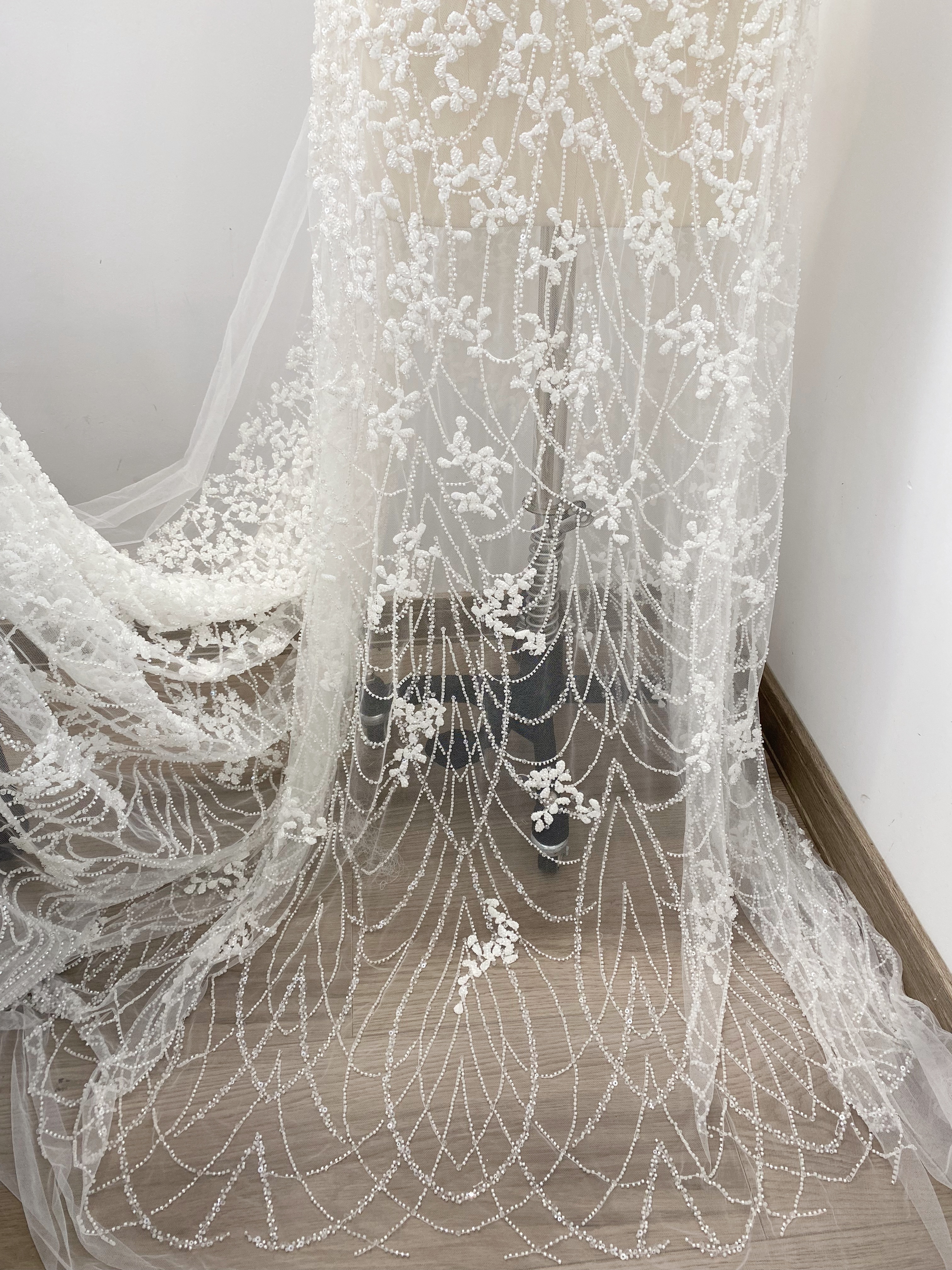 Ivory Beaded Floral Embroidery Tulle Lace Fabric, Beading Leafs Bridal Lace for Wedding Gowns Dresses and Veils, Couture Lace by the Yard