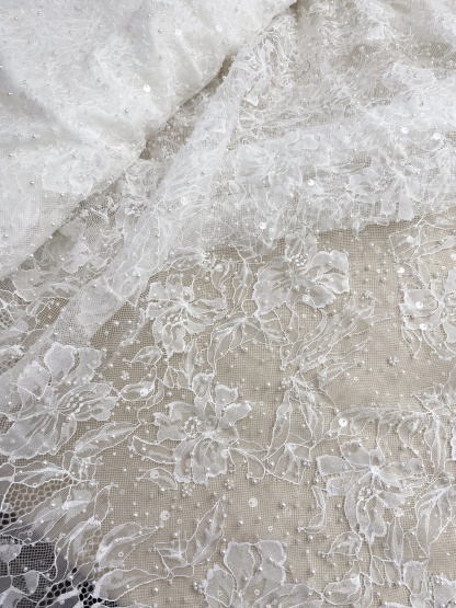 2026 White Pearl Chantilly French Eyelash Stretch Lace Fabric, Beaded Floral Scalloped Lace Fabric for Wedding Dress, Sold by 3 Meters