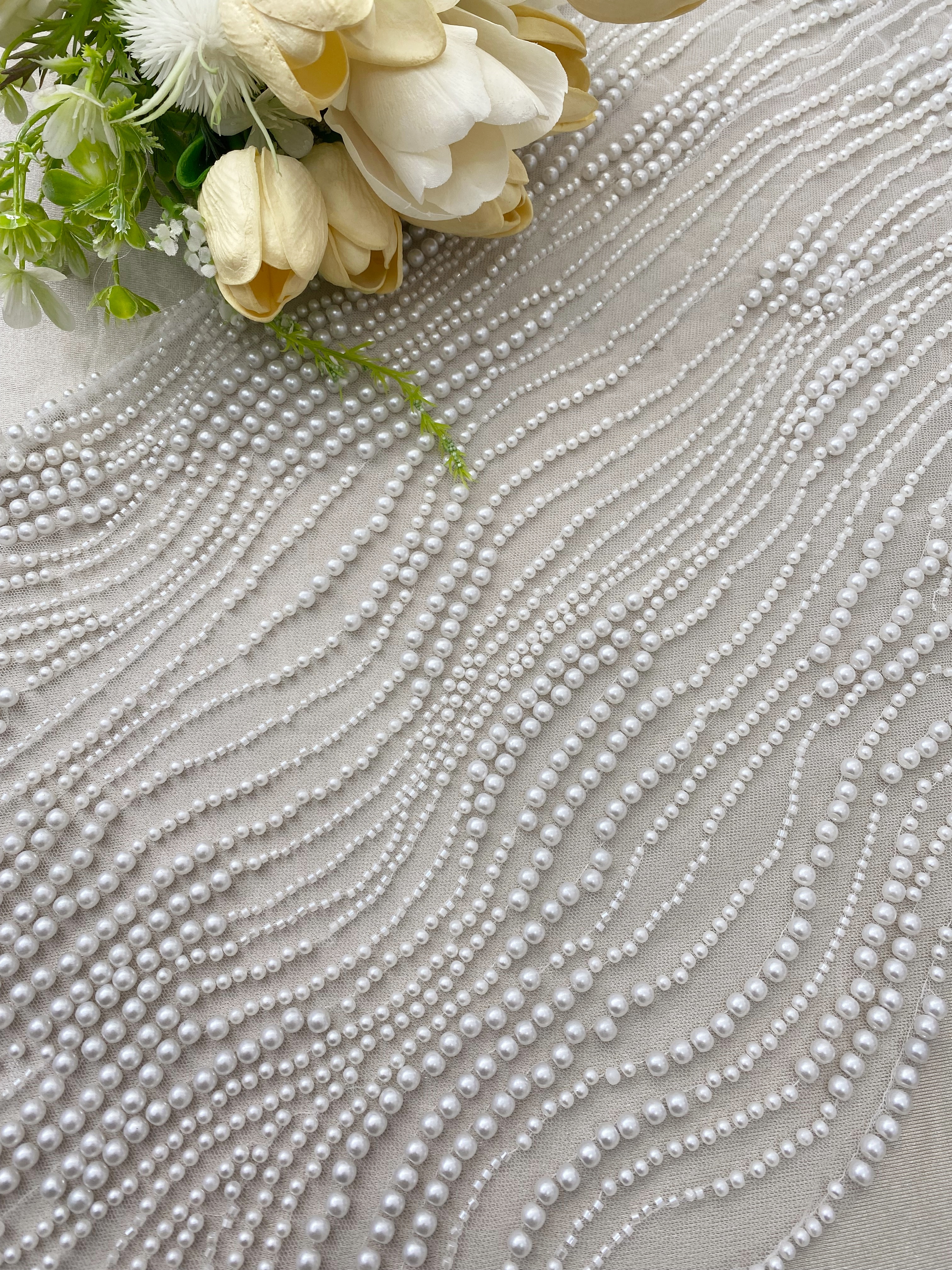  Bead Pearls Lace Fabric,Heavy Full Bead Wedding Bridal Dress,Embroidery Prom Party Wedding Dress Fabric