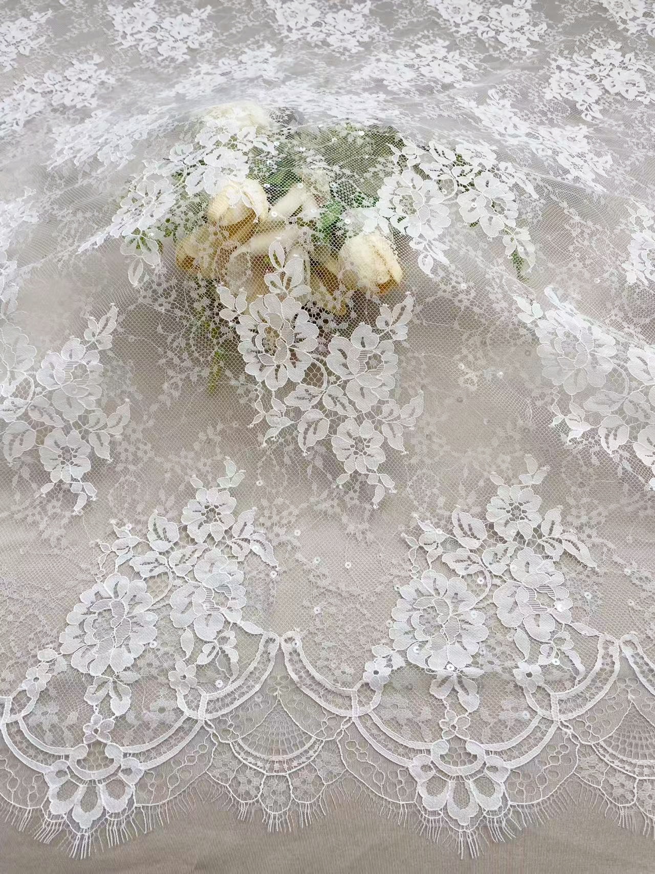 Off white Chantilly lace fabric with sequins, French Bridal Wedding Lace, Scalloped Lace, floral eyelash veil lace for Wedding Dress