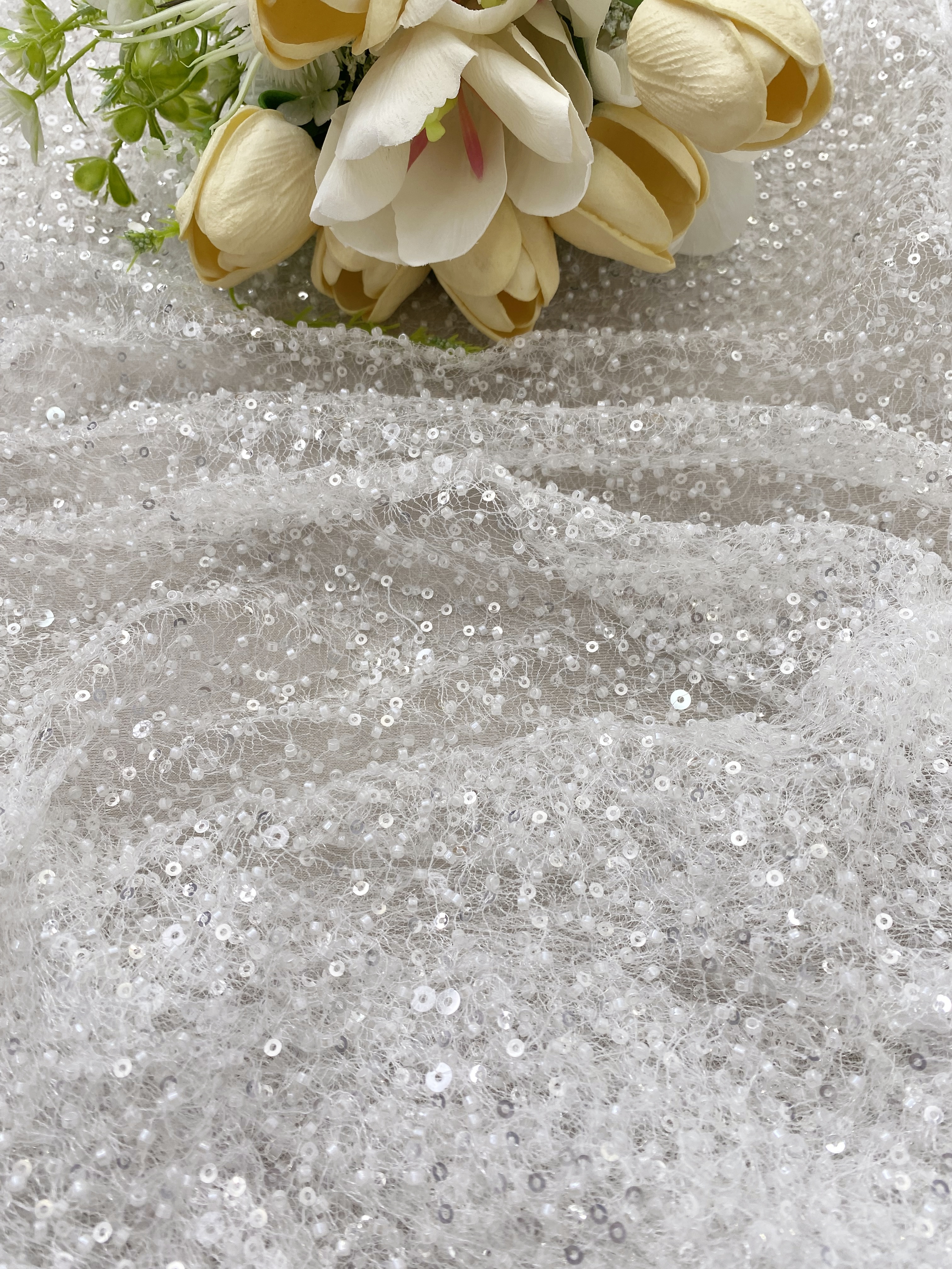 Luxury Beaded Tulle Lace Fabric, Ivory Heavy Sequin Bridal Mesh by the Yard for Wedding Dress & Veil