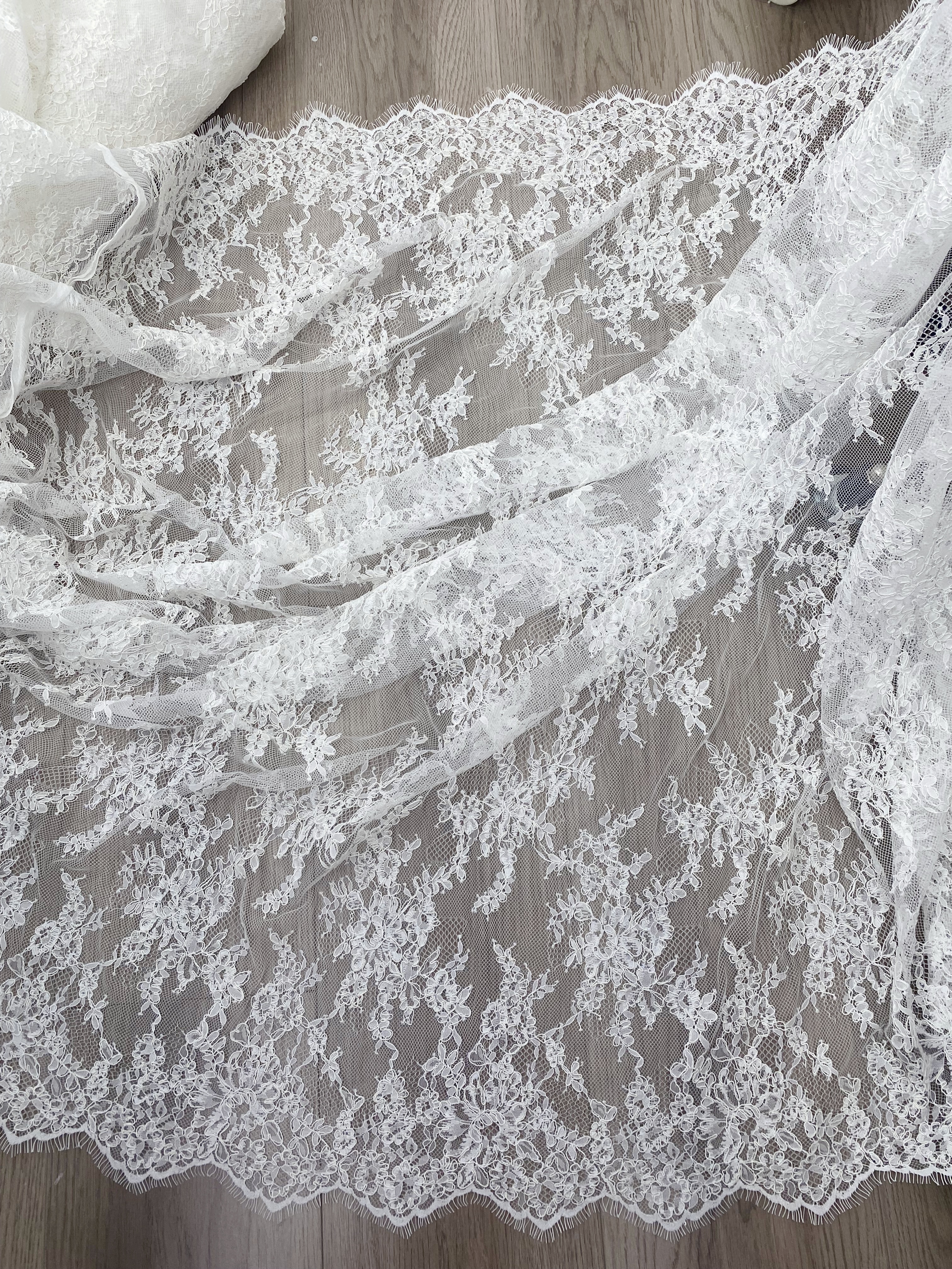 Ivory French Alencon Lace Fabric with Eyelash, 3 Meters Corded Chantilly Lace for Bridal Gown, Wedding Dress