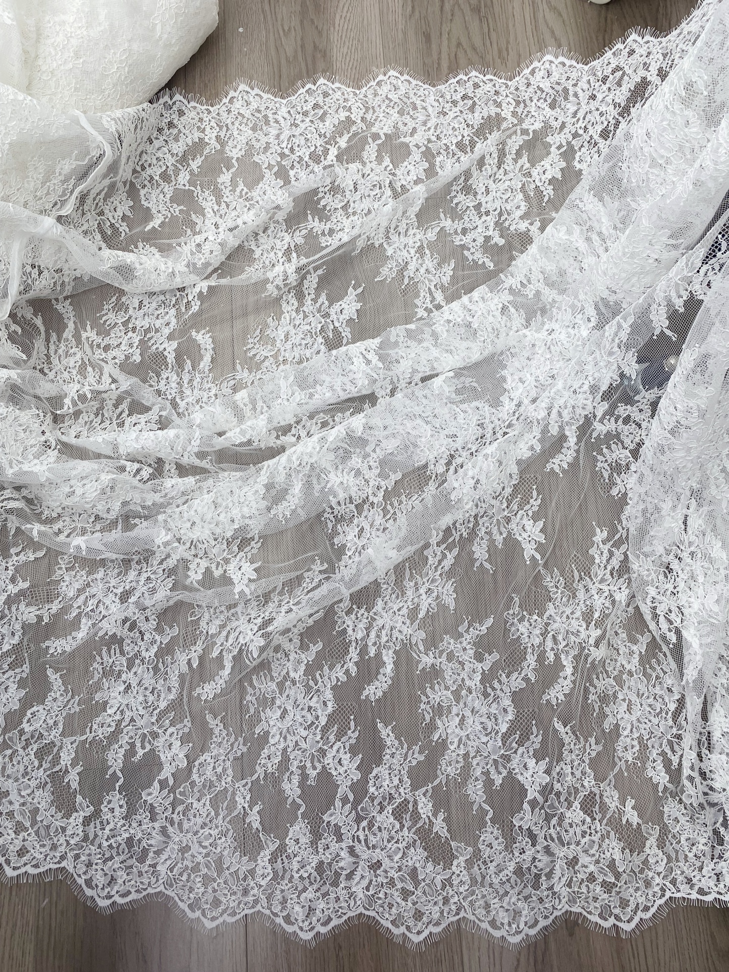 Ivory French Alencon Lace Fabric with Eyelash, 3 Meters Corded Chantilly Lace for Bridal Gown, Wedding Dress