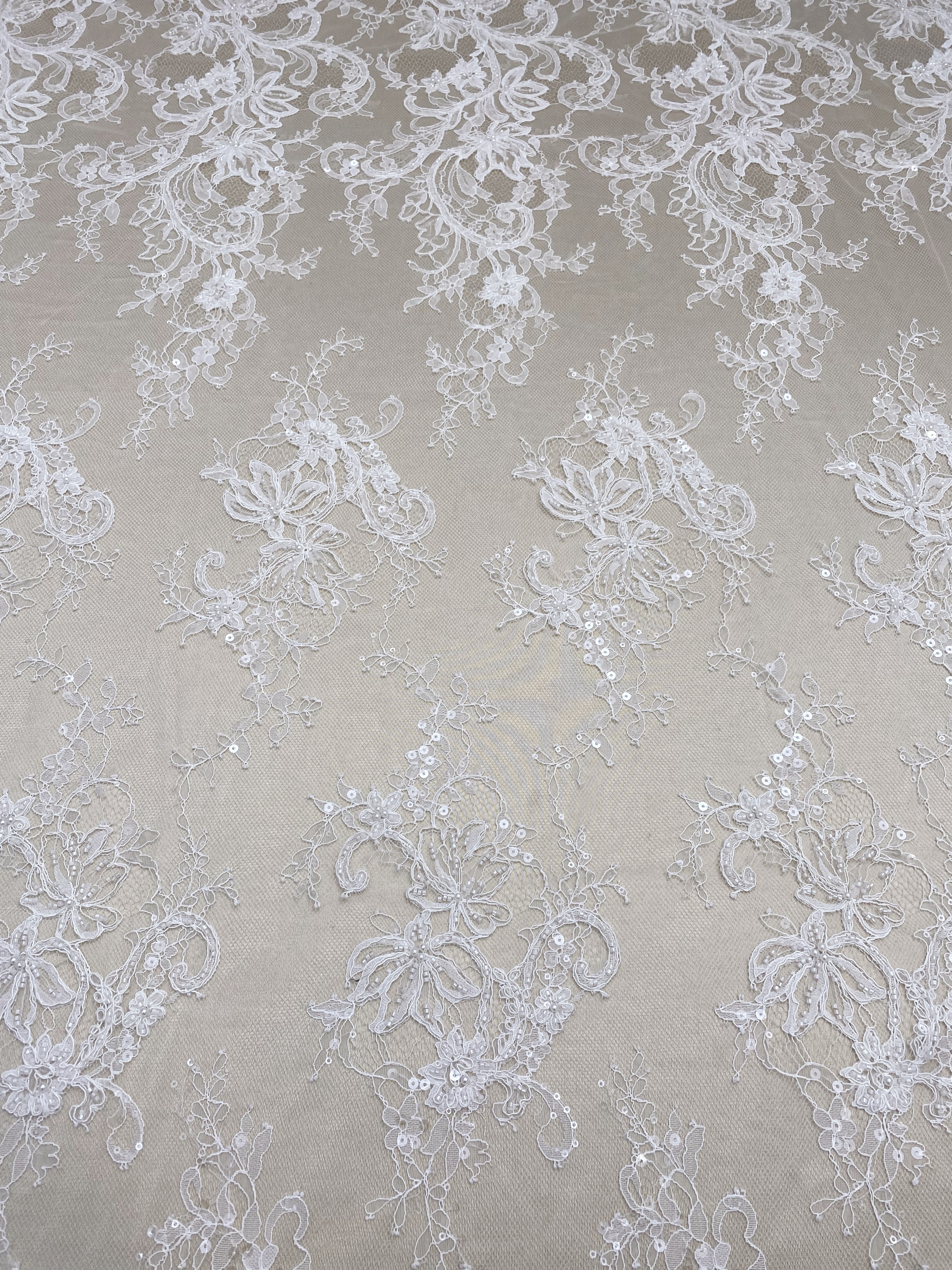 Ivory Beaded Chantilly Lace Fabric for Wedding Dress,Bridal Gown Veil,Sold by 3 Meter