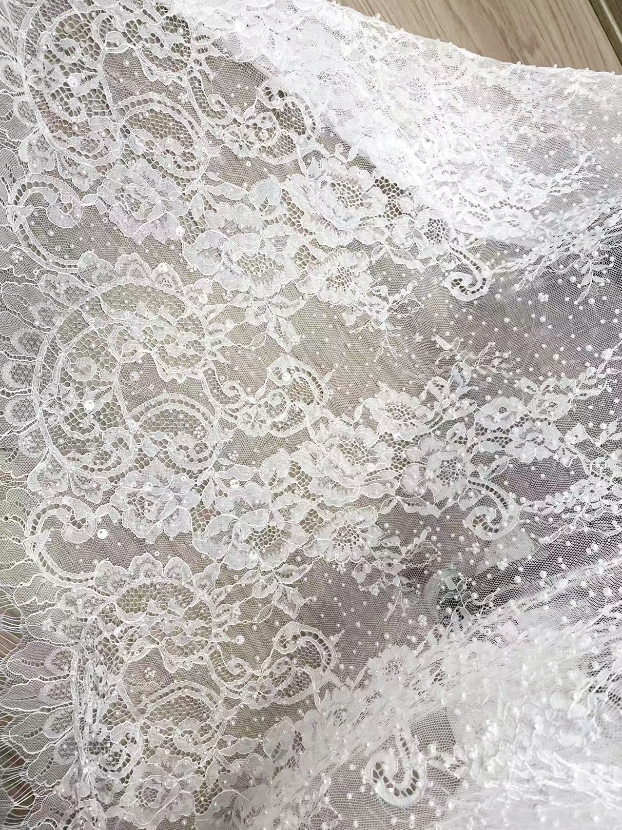 2026 White Pearl Chantilly French Eyelash Lace Fabric, Beaded Floral Scalloped Lace Fabric for Wedding Dress Veils, Price per 3 Meters