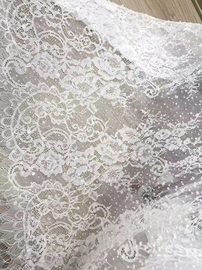 2026 White Pearl Chantilly French Eyelash Lace Fabric, Beaded Floral Scalloped Lace Fabric for Wedding Dress Veils, Price per 3 Meters