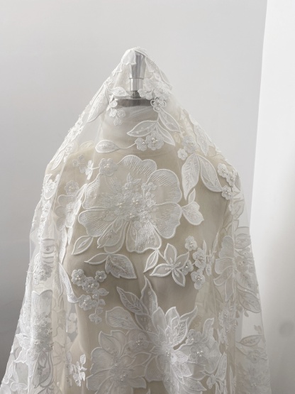 Ivory Floral Lace on Mesh with Large Appliqués, Delicate Bridal Flower Lace Fabric For Gown Prom, Wedding Dress Lace