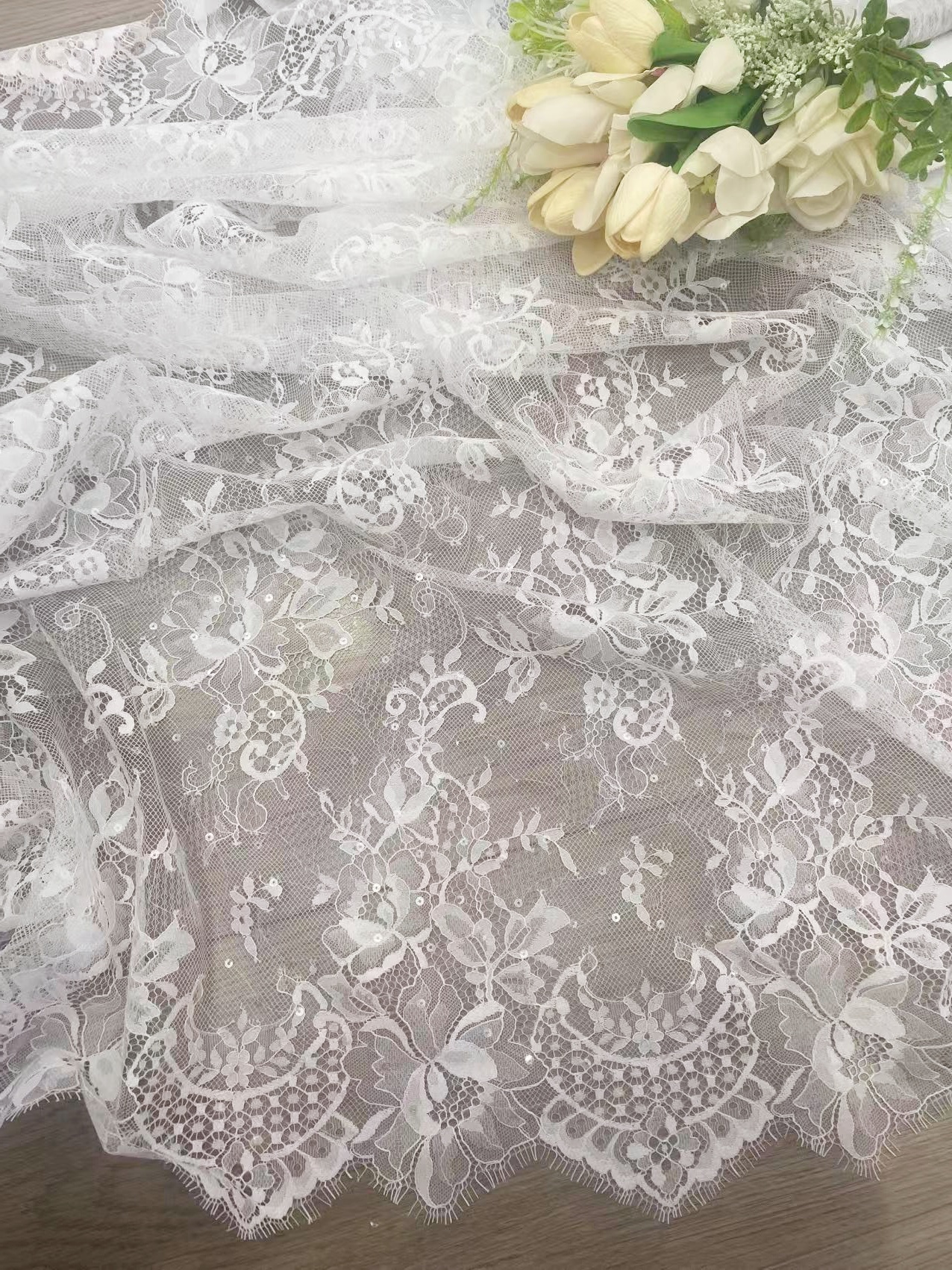 Clear Sequins French Chantilly Lace Fabric, Ivory Bridal Floral Lace with Eyelash for Wedding Dress, Veil, Overlay, Sold by 3 Meters 1 Piece