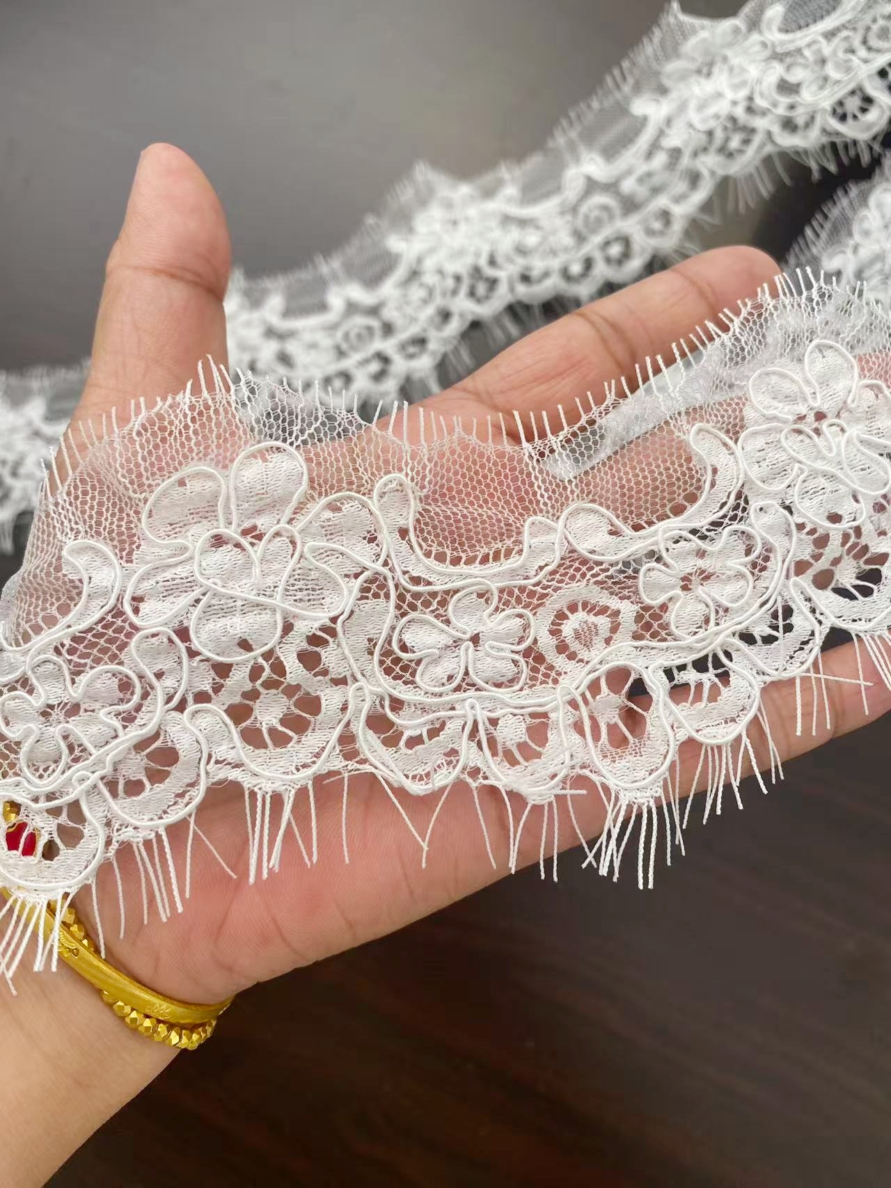 3 Yards French Alencon Corded Lace Trim with Eyelash, Floral Veil Lace Fabric for Bridal Wedding Accessories