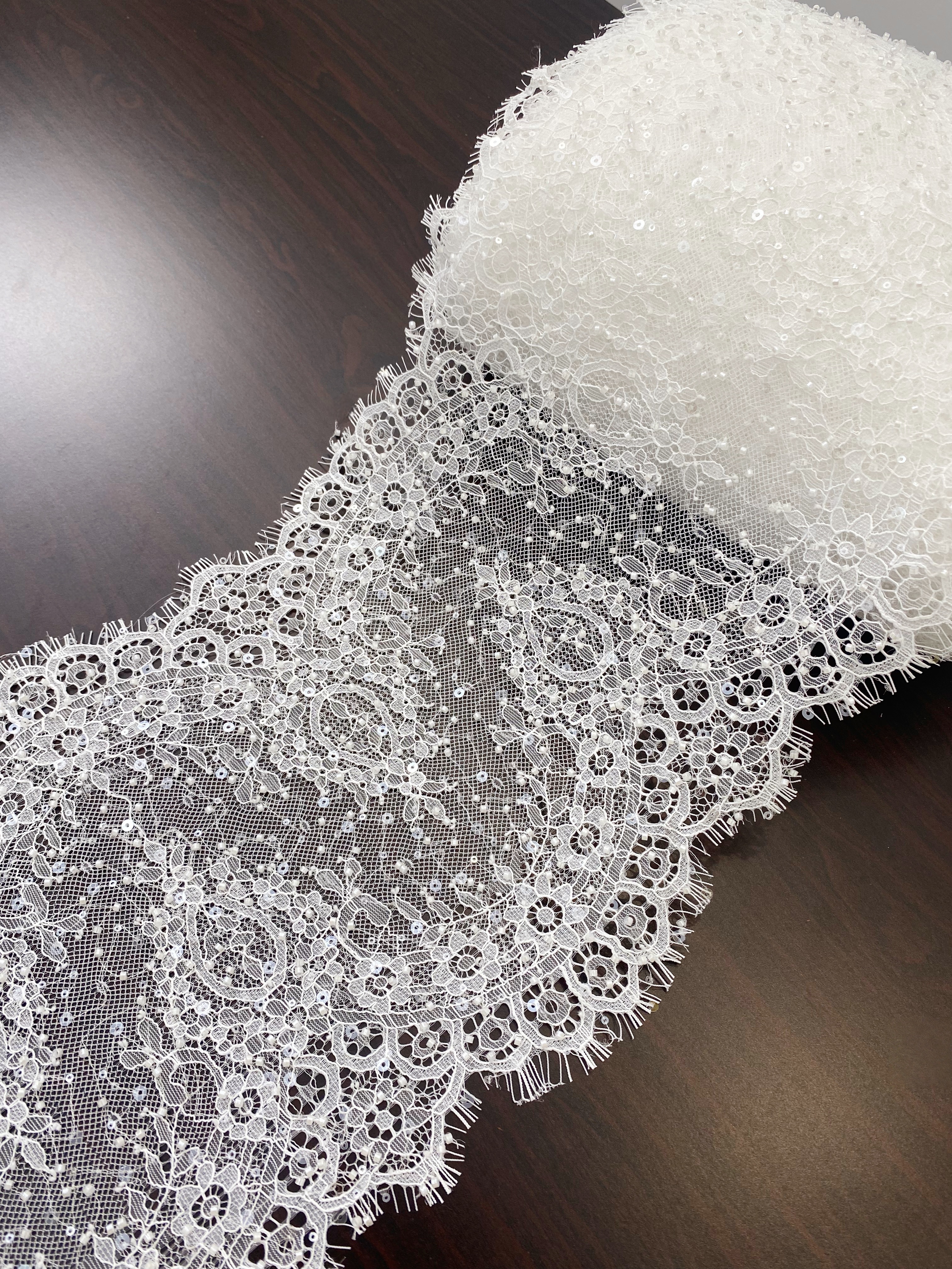 French Beaded Chantilly Lace Trim with Sequins, Floral Trim Eyelash Edging, Eyelash Lace Wedding Dress Fabric for Bridal Veil, Sold by 3 meters