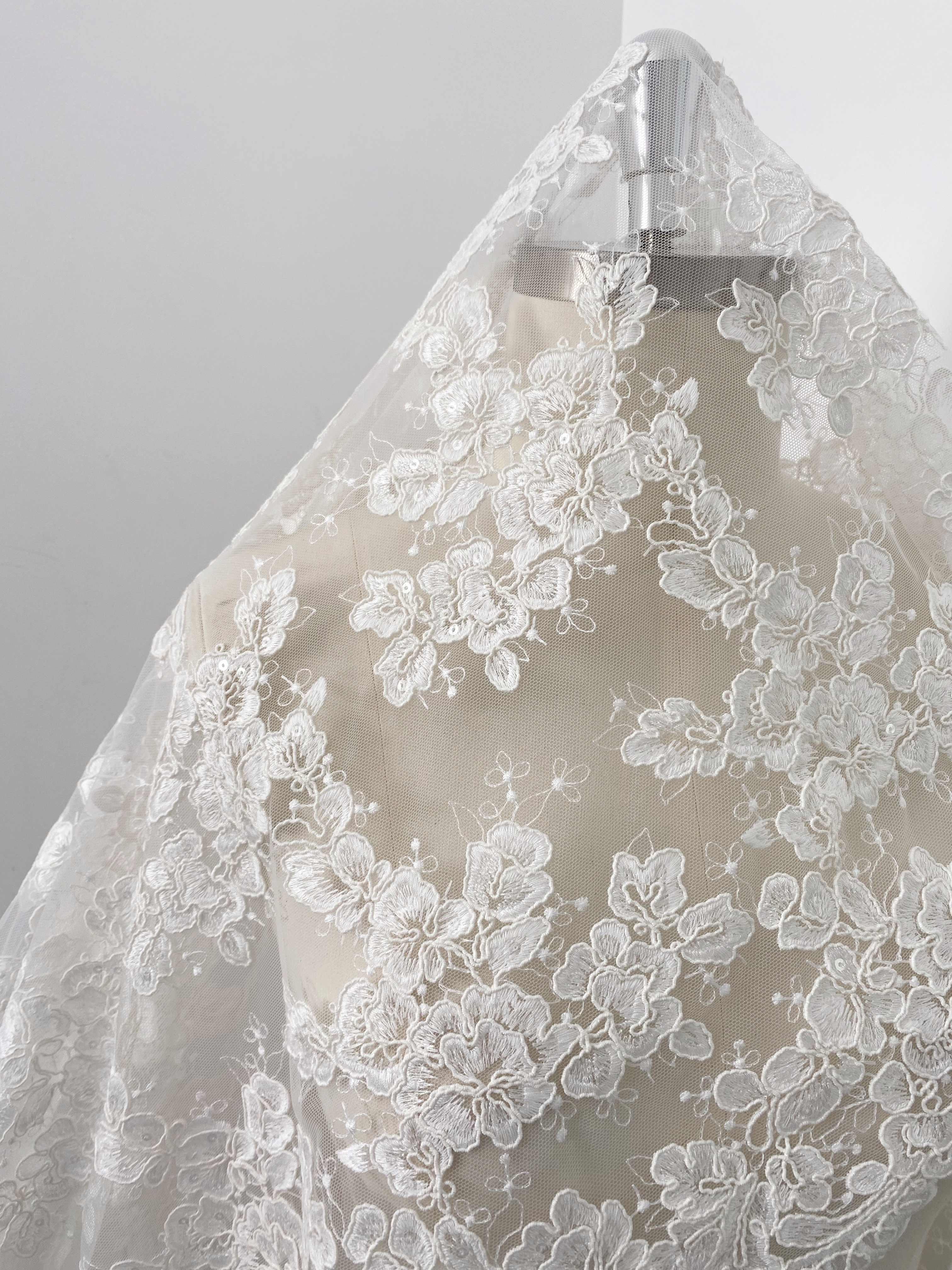 Ivory Corded Chantilly Lace Fabric ,Alencon Lace Fabric with Sequins for Wedding Dress, Veil, Floral Embroidery lace by the yard