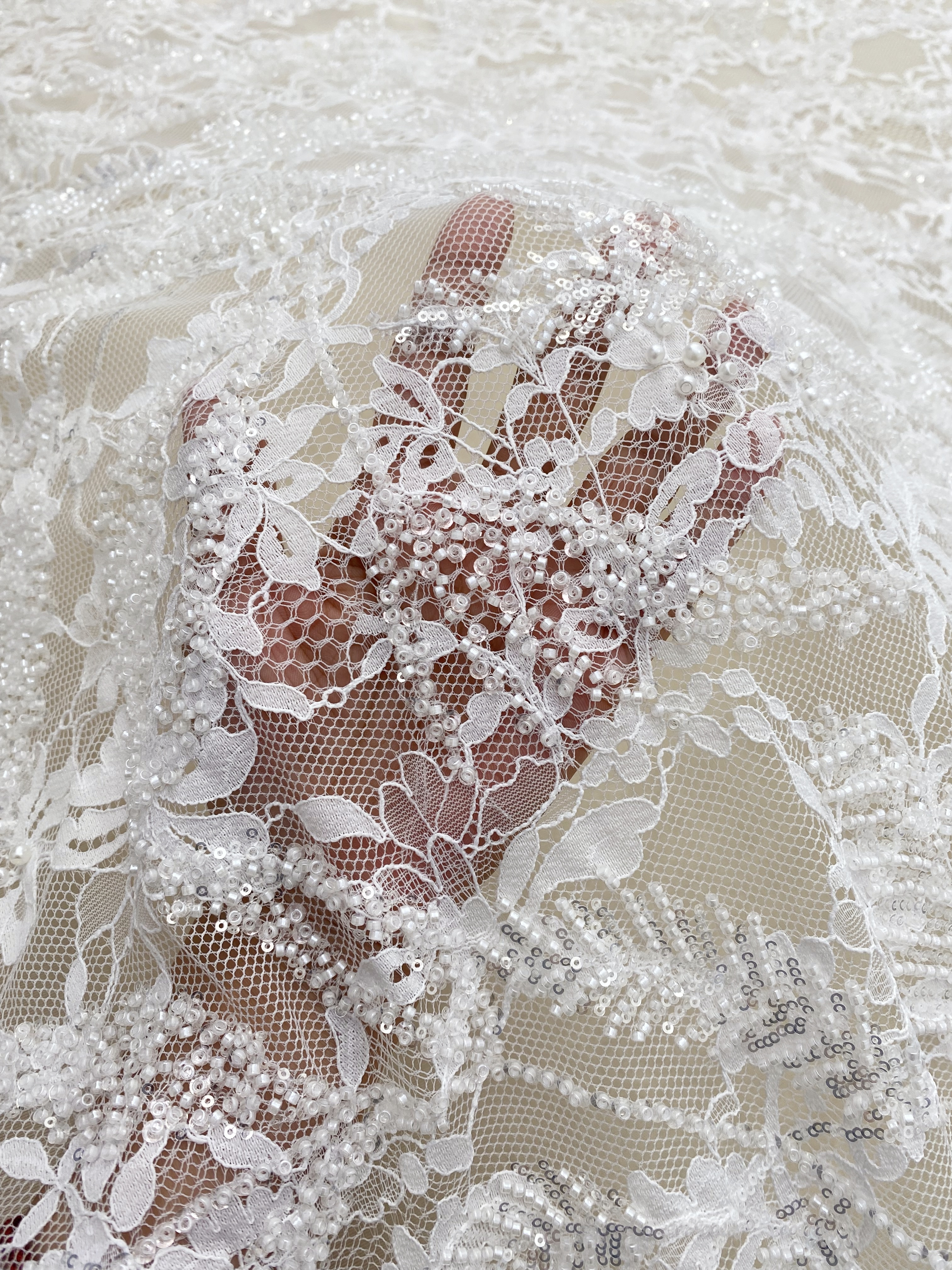 3 Meters Heavy Bead Chantilly Lace Fabric with Sequins for Wedding Dress,Bridal Gown Veil, Alencon Lace Floral Trim Eyelash Edging