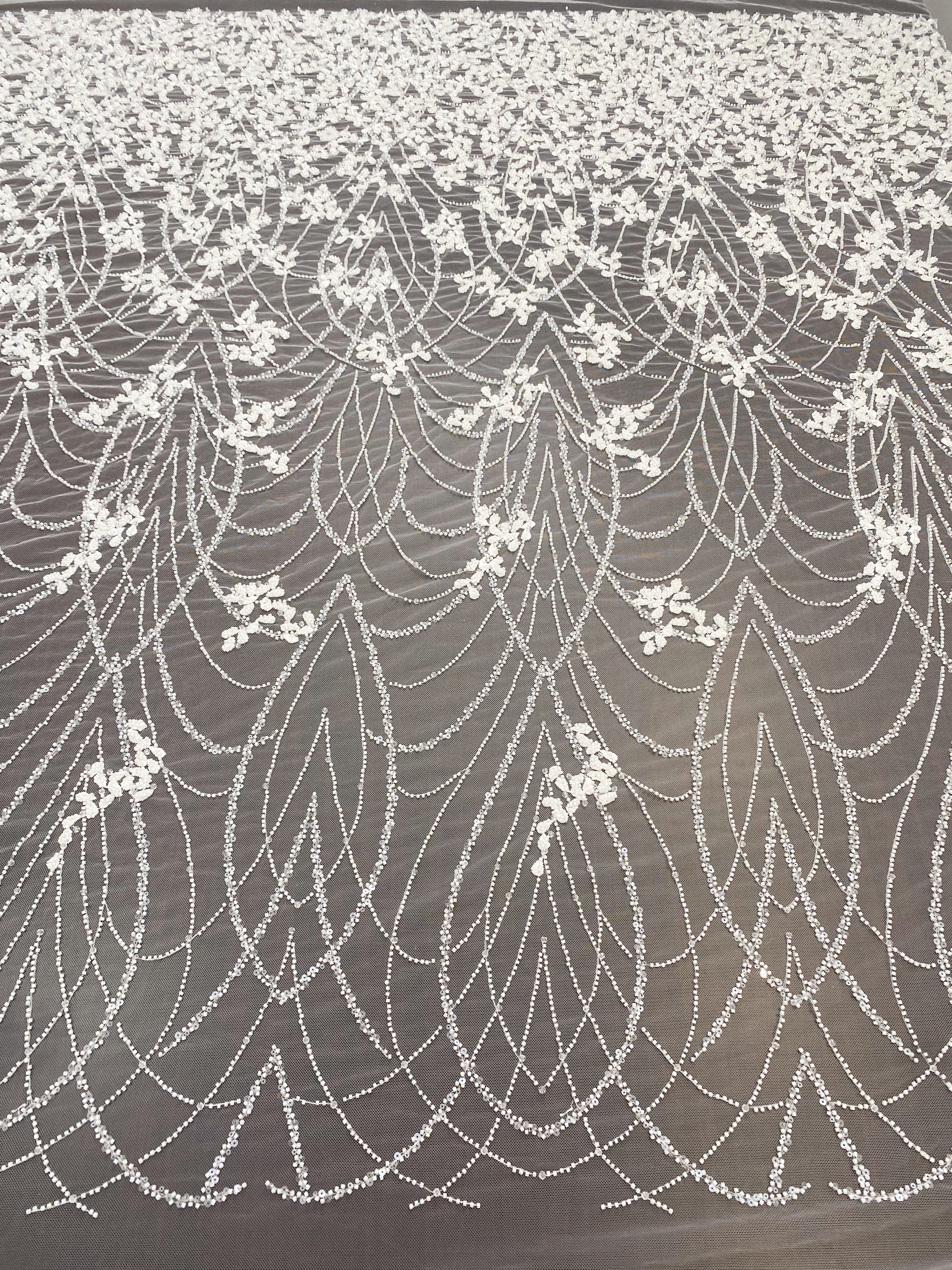 Ivory Beaded Floral Embroidery Tulle Lace Fabric, Beading Leafs Bridal Lace for Wedding Gowns Dresses and Veils, Couture Lace by the Yard