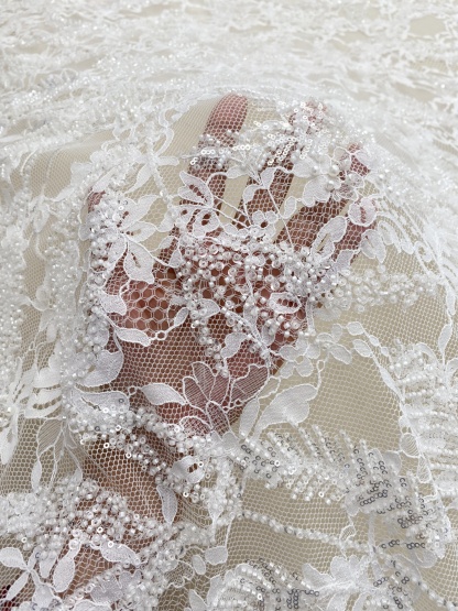 3 Meters Heavy Bead Chantilly Lace Fabric with Sequins for Wedding Dress,Bridal Gown Veil, Alencon Lace Floral Trim Eyelash Edging