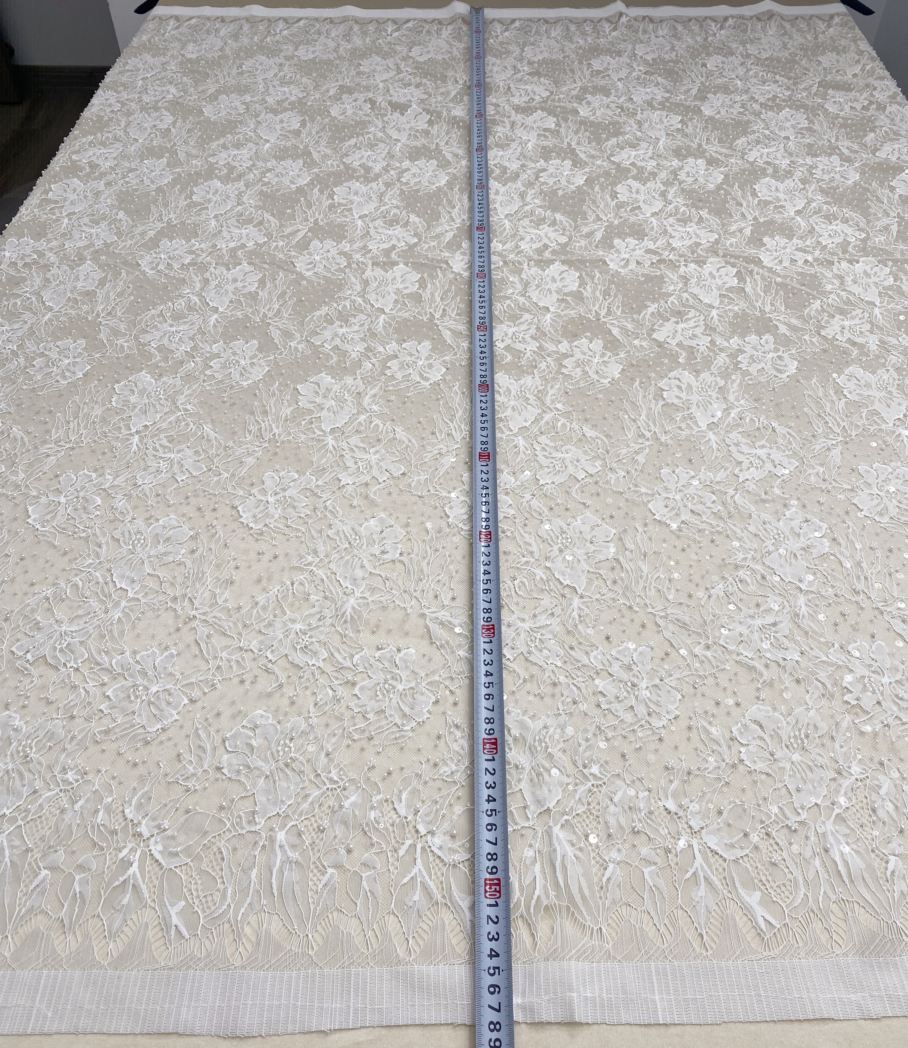 2026 White Pearl Chantilly French Eyelash Stretch Lace Fabric, Beaded Floral Scalloped Lace Fabric for Wedding Dress, Sold by 3 Meters