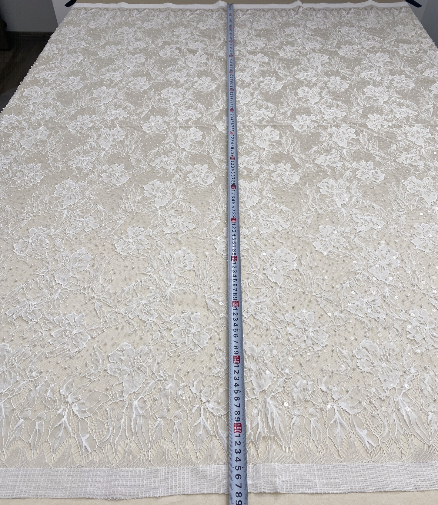 2026 White Pearl Chantilly French Eyelash Stretch Lace Fabric, Beaded Floral Scalloped Lace Fabric for Wedding Dress, Sold by 3 Meters