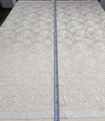 2026 White Pearl Chantilly French Eyelash Stretch Lace Fabric, Beaded Floral Scalloped Lace Fabric for Wedding Dress, Sold by 3 Meters