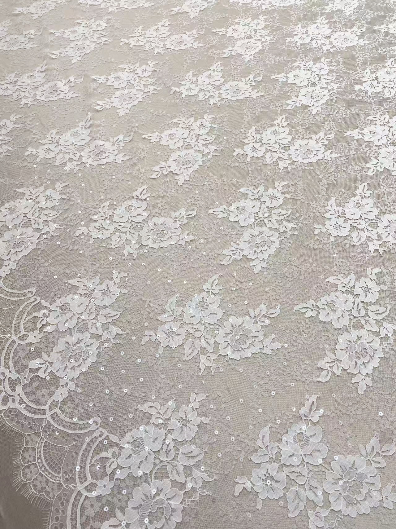 Off white Chantilly lace fabric with sequins, French Bridal Wedding Lace, Scalloped Lace, floral eyelash veil lace for Wedding Dress