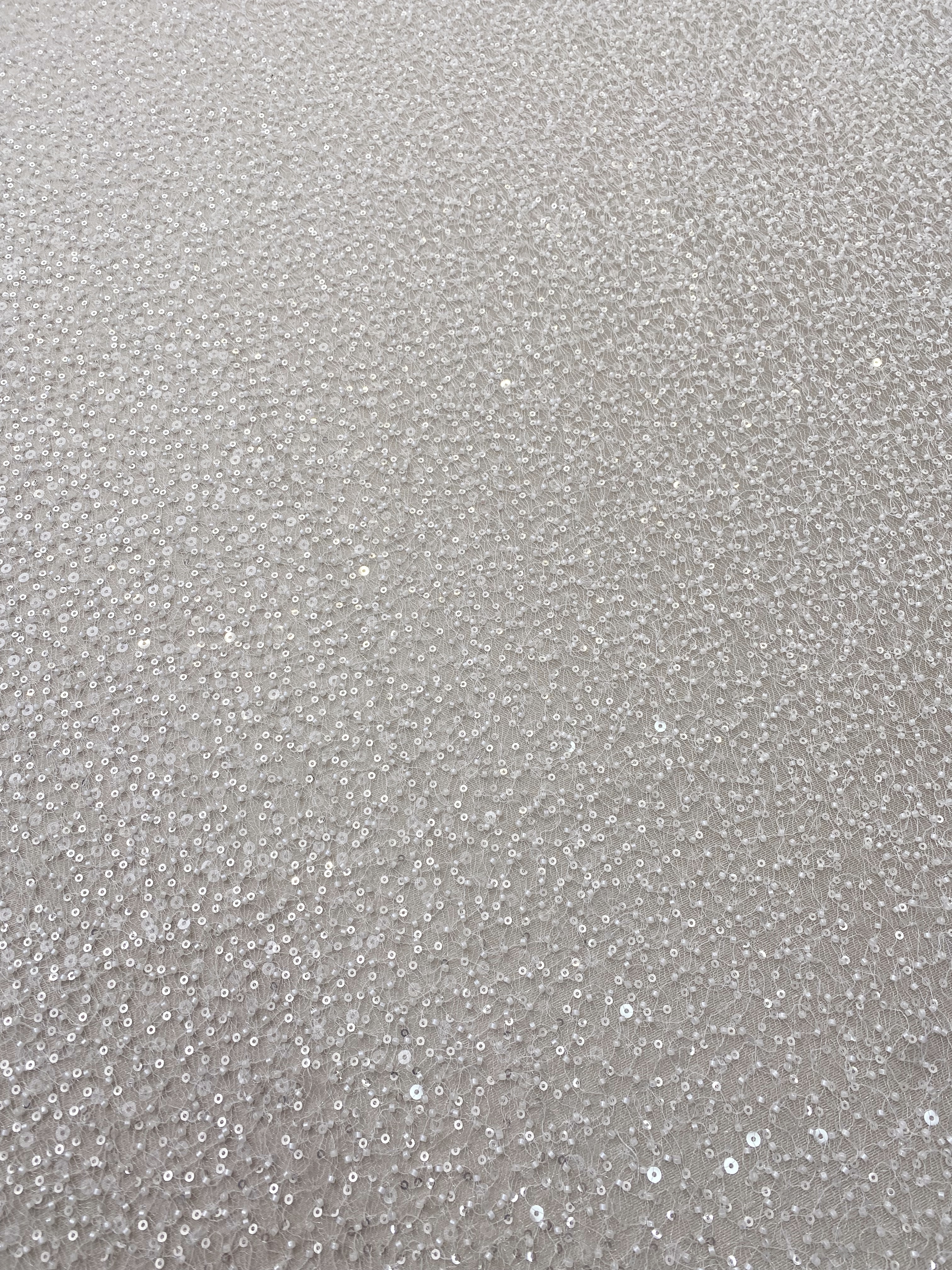 Luxury Beaded Tulle Lace Fabric, Ivory Heavy Sequin Bridal Mesh by the Yard for Wedding Dress & Veil