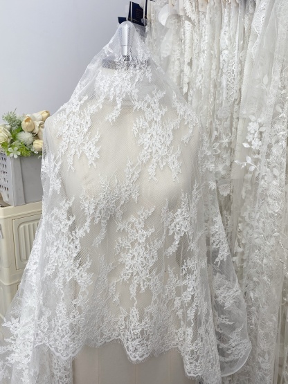 Ivory French Alencon Lace Fabric with Eyelash, 3 Meters Corded Chantilly Lace for Bridal Gown, Wedding Dress