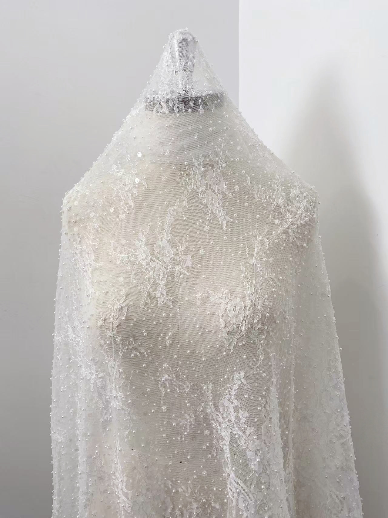 2026 White Pearl Chantilly French Eyelash Lace Fabric, Beaded Floral Scalloped Lace Fabric for Wedding Dress Veils, Price per 3 Meters