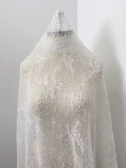 2026 White Pearl Chantilly French Eyelash Lace Fabric, Beaded Floral Scalloped Lace Fabric for Wedding Dress Veils, Price per 3 Meters