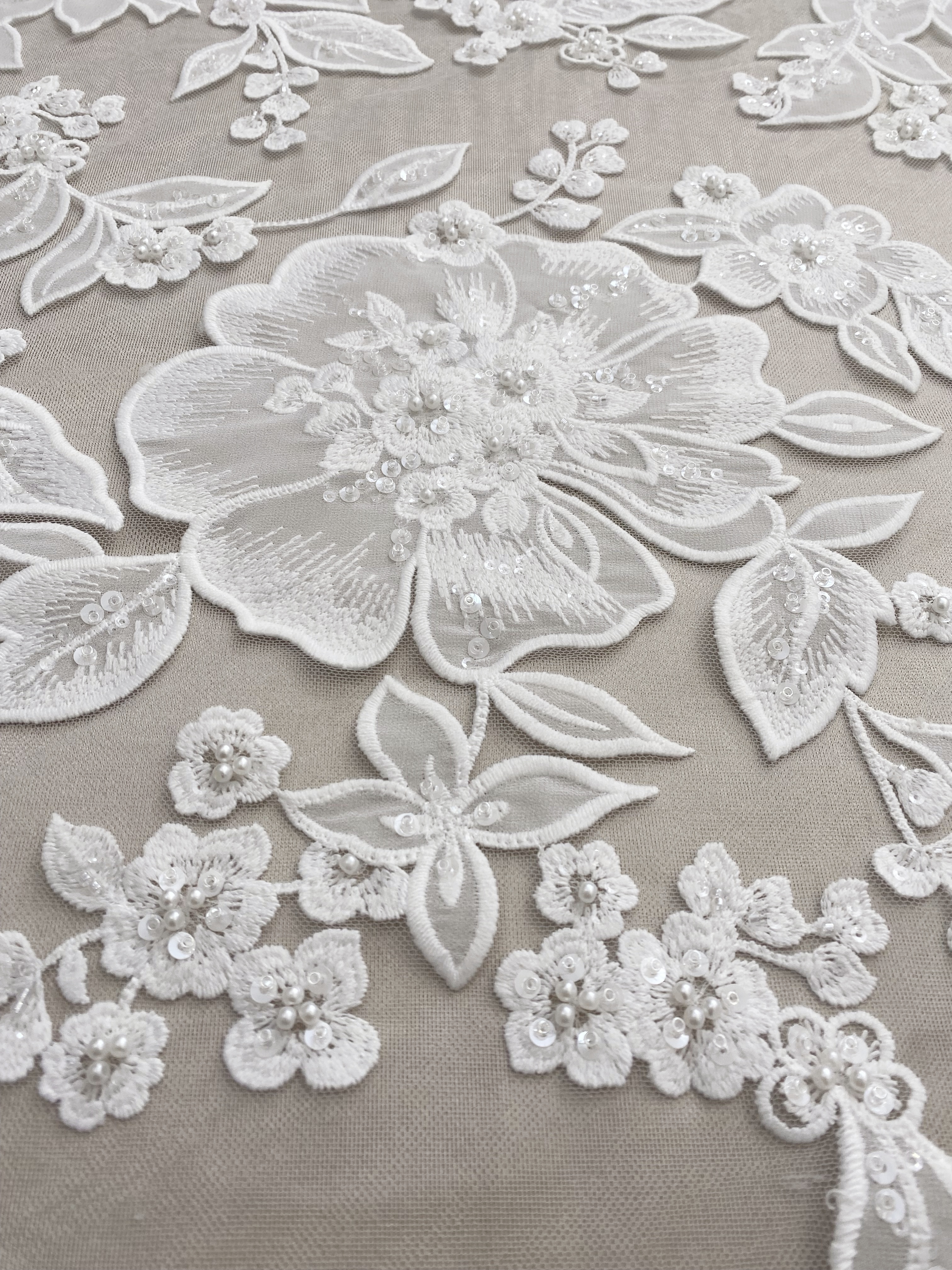 Ivory Floral Lace on Mesh with Large Appliqués, Delicate Bridal Flower Lace Fabric For Gown Prom, Wedding Dress Lace