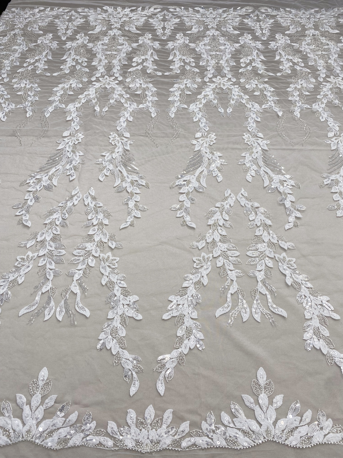 Leaves Embroidery Fabric with Beads and Sequins, Lace fabric for Wedding Dresses, Bridal Veil, Evening Gowns, Tulle Mesh Material