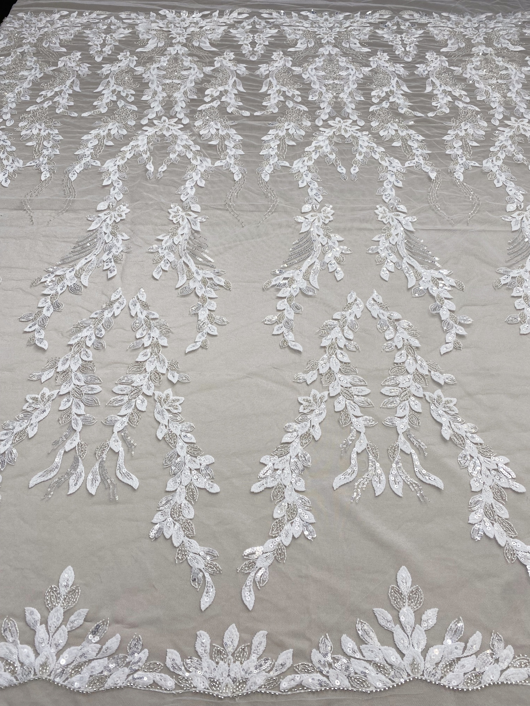 Leaves Embroidery Fabric with Beads and Sequins, Lace fabric for Wedding Dresses, Bridal Veil, Evening Gowns, Tulle Mesh Material