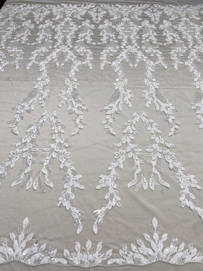 Leaves Embroidery Fabric with Beads and Sequins, Lace fabric for Wedding Dresses, Bridal Veil, Evening Gowns, Tulle Mesh Material