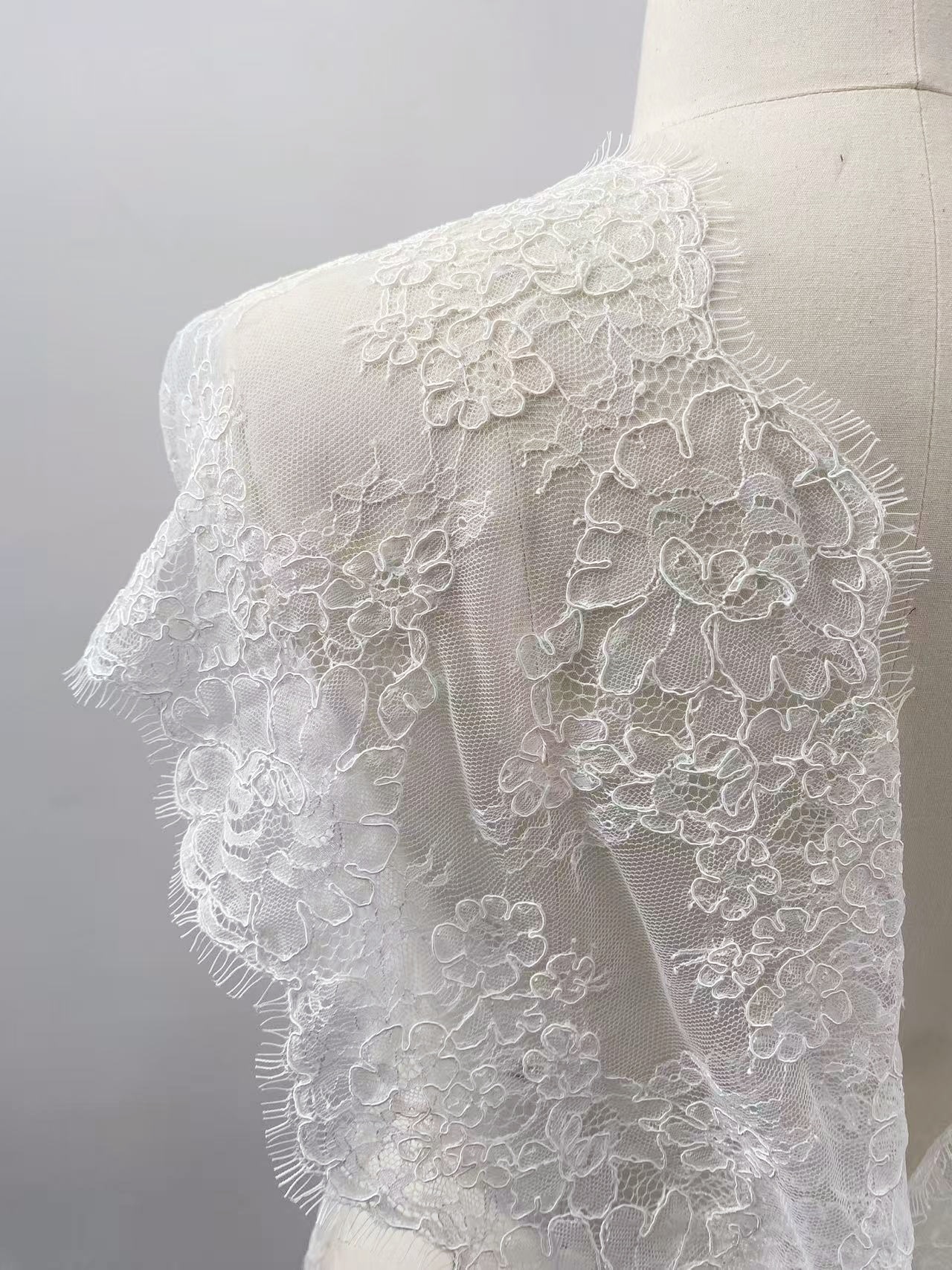 French Chantilly Lace Trims with Cord, Floral Eyelash Lace Fabric Wedding Fabric for Bridal Veil Dress Gown,Price per 3 Meters