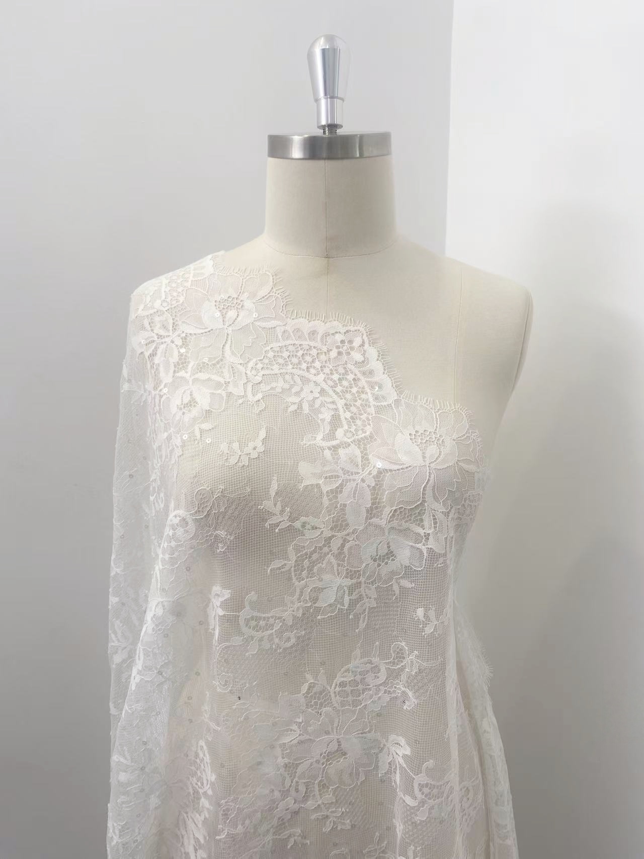 Clear Sequins French Chantilly Lace Fabric, Ivory Bridal Floral Lace with Eyelash for Wedding Dress, Veil, Overlay, Sold by 3 Meters 1 Piece