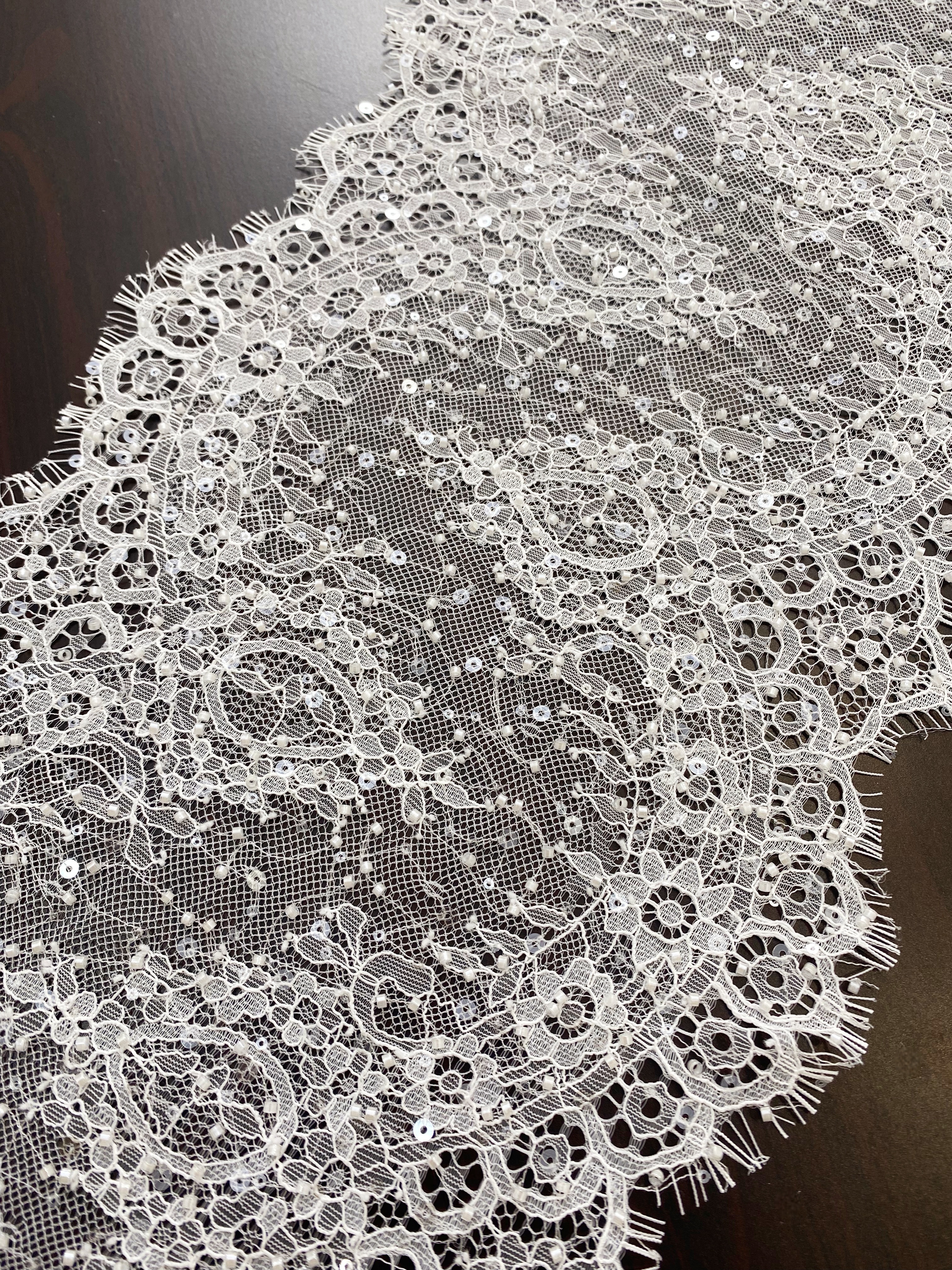 French Beaded Chantilly Lace Trim with Sequins, Floral Trim Eyelash Edging, Eyelash Lace Wedding Dress Fabric for Bridal Veil, Sold by 3 meters