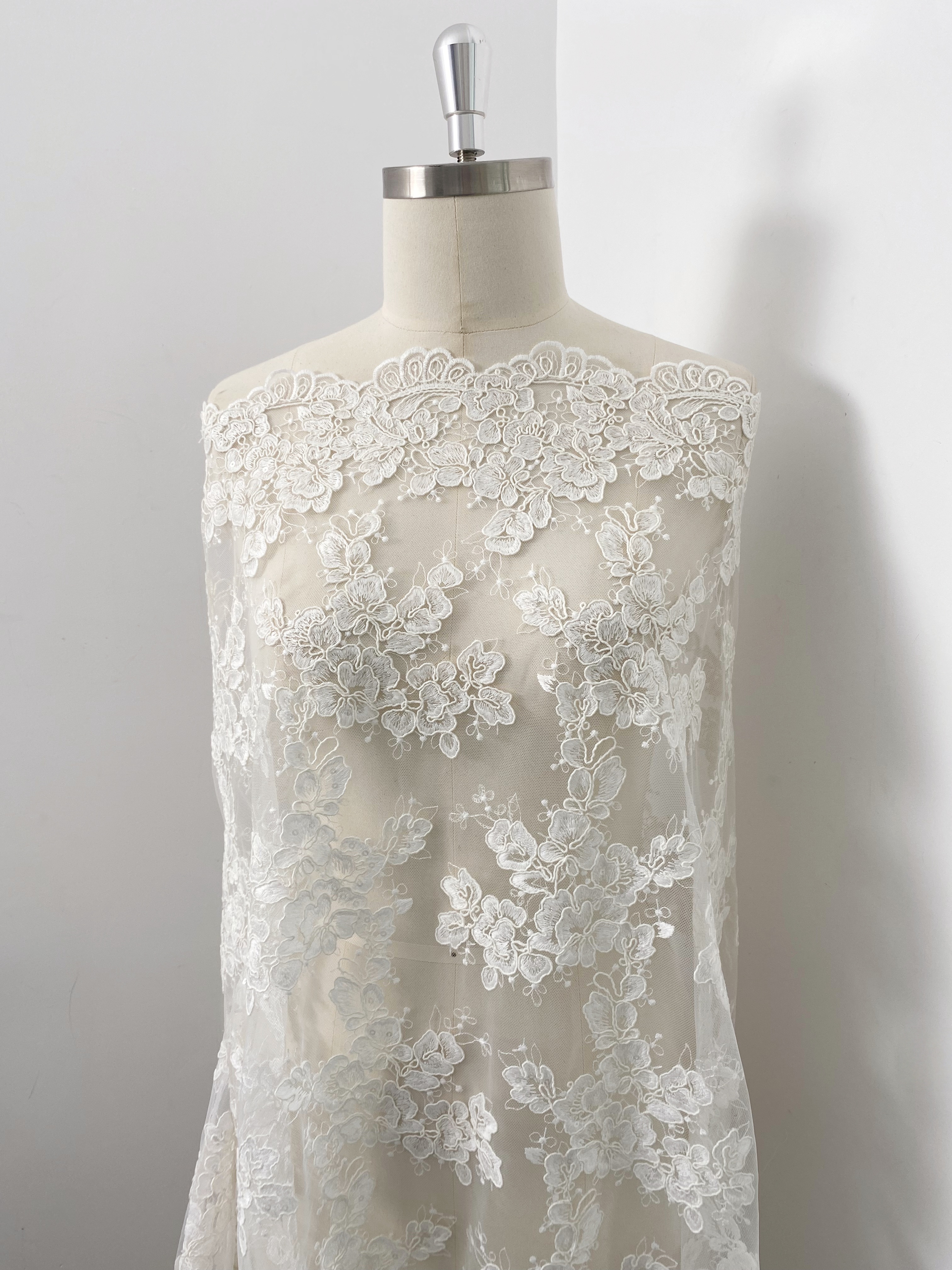 Ivory Corded Chantilly Lace Fabric ,Alencon Lace Fabric with Sequins for Wedding Dress, Veil, Floral Embroidery lace by the yard