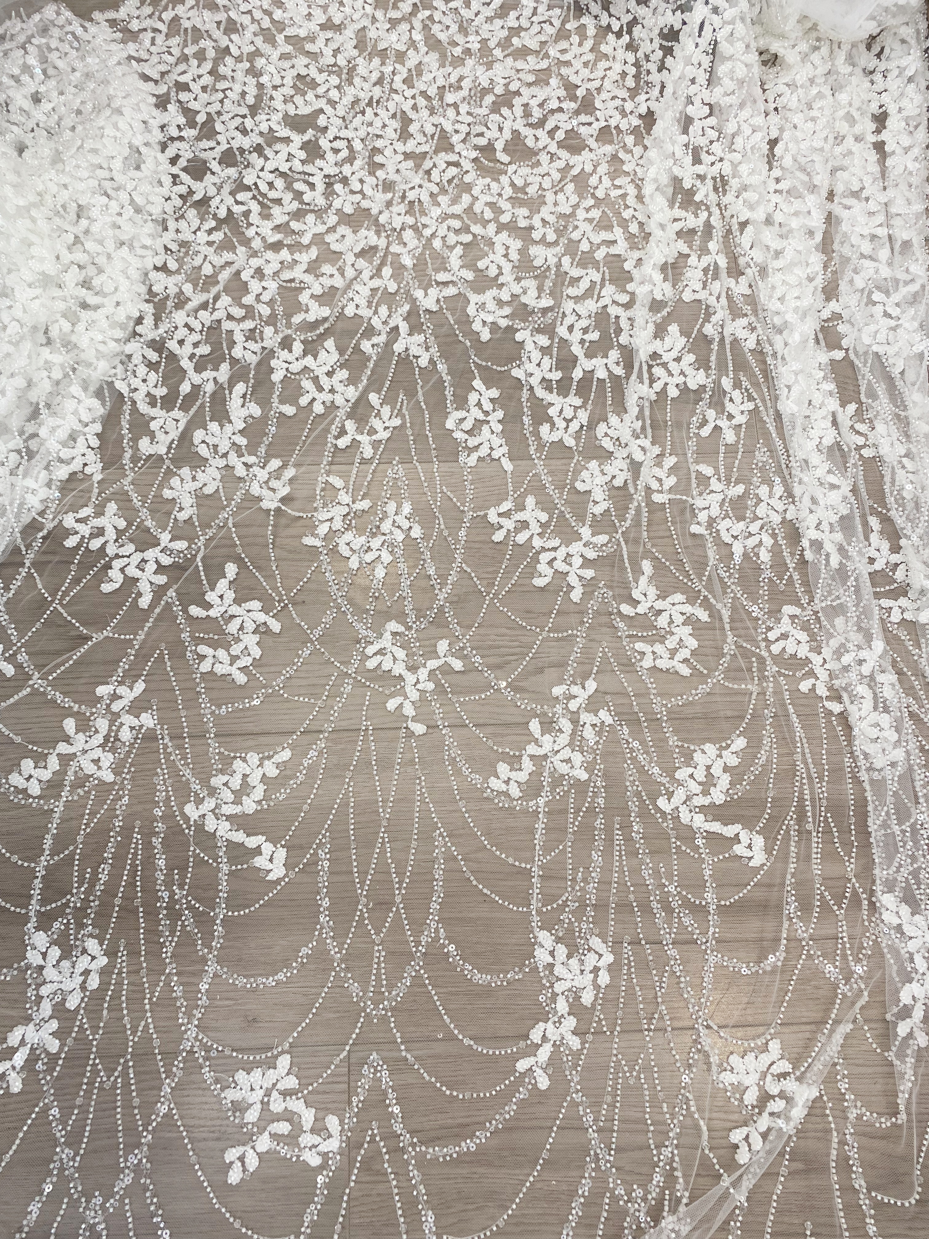 Ivory Beaded Floral Embroidery Tulle Lace Fabric, Beading Leafs Bridal Lace for Wedding Gowns Dresses and Veils, Couture Lace by the Yard