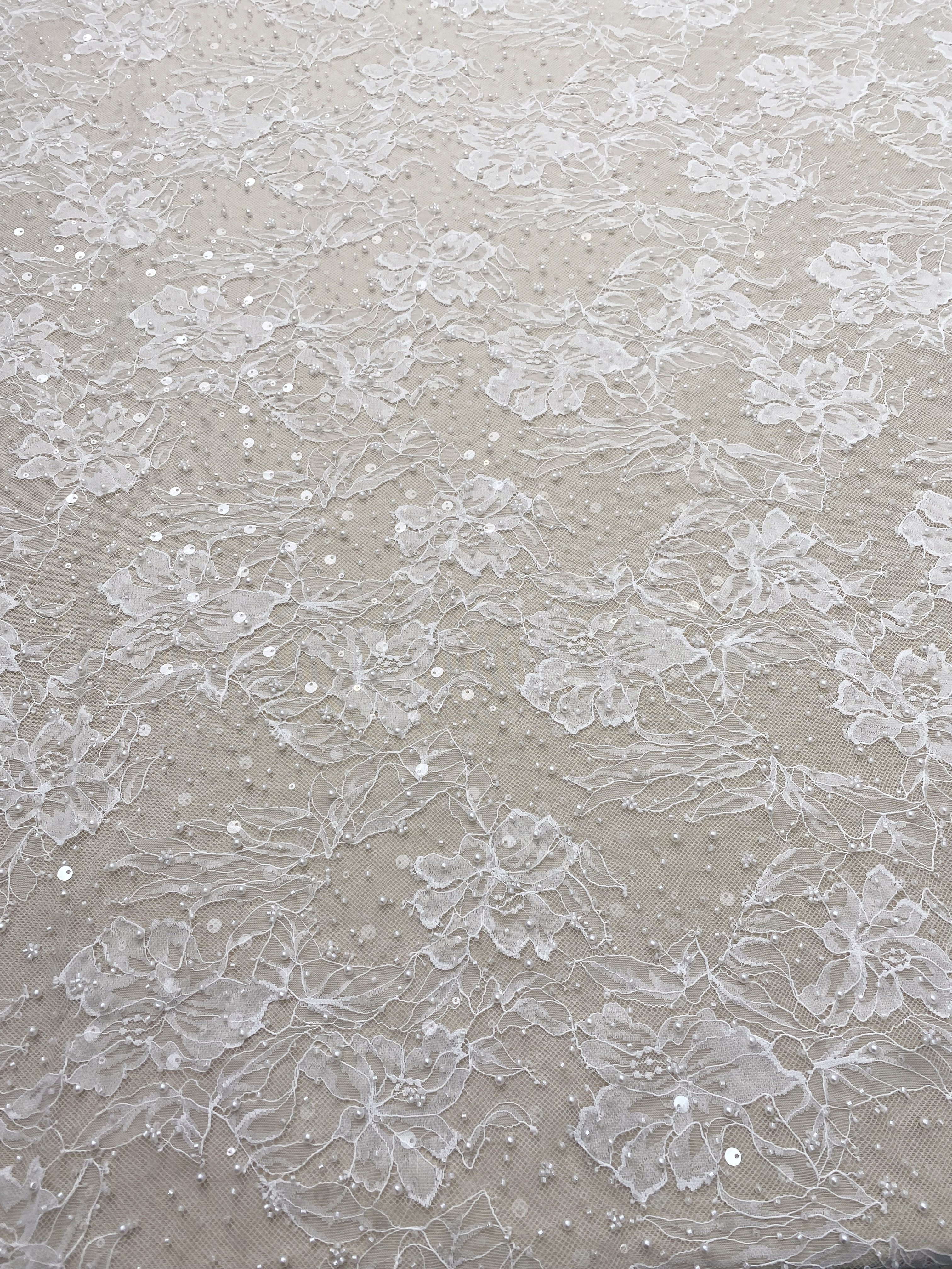 2026 White Pearl Chantilly French Eyelash Stretch Lace Fabric, Beaded Floral Scalloped Lace Fabric for Wedding Dress, Sold by 3 Meters