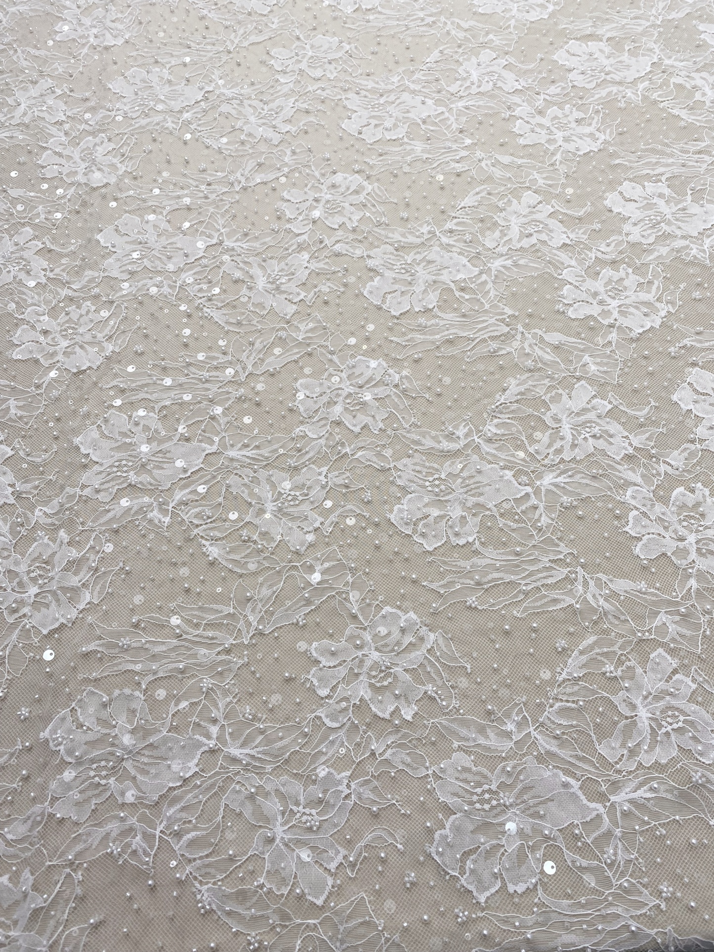 2026 White Pearl Chantilly French Eyelash Stretch Lace Fabric, Beaded Floral Scalloped Lace Fabric for Wedding Dress, Sold by 3 Meters