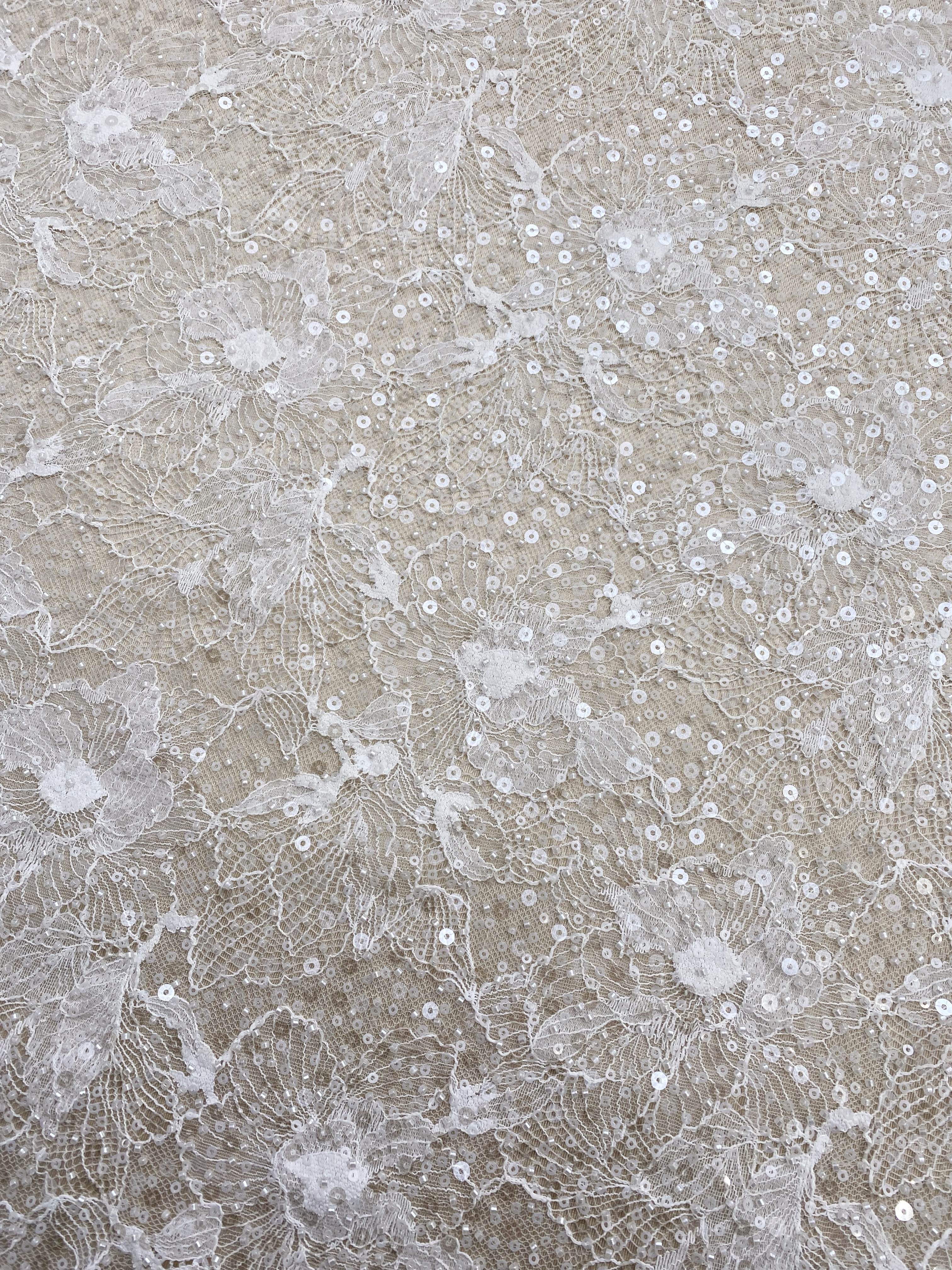 Luxury Beaded Tulle Lace Fabric, White Sequined Bridal Mesh by the Yard for Wedding Dress, Veil, Bridal Gown Embroidery, Floral Lace