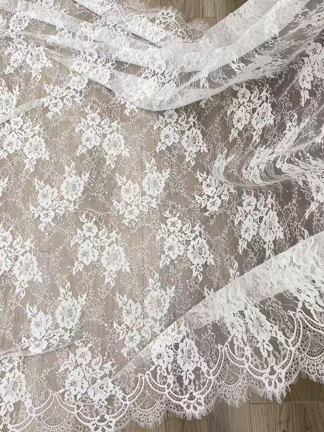 Off white Chantilly lace fabric with sequins, French Bridal Wedding Lace, Scalloped Lace, floral eyelash veil lace for Wedding Dress