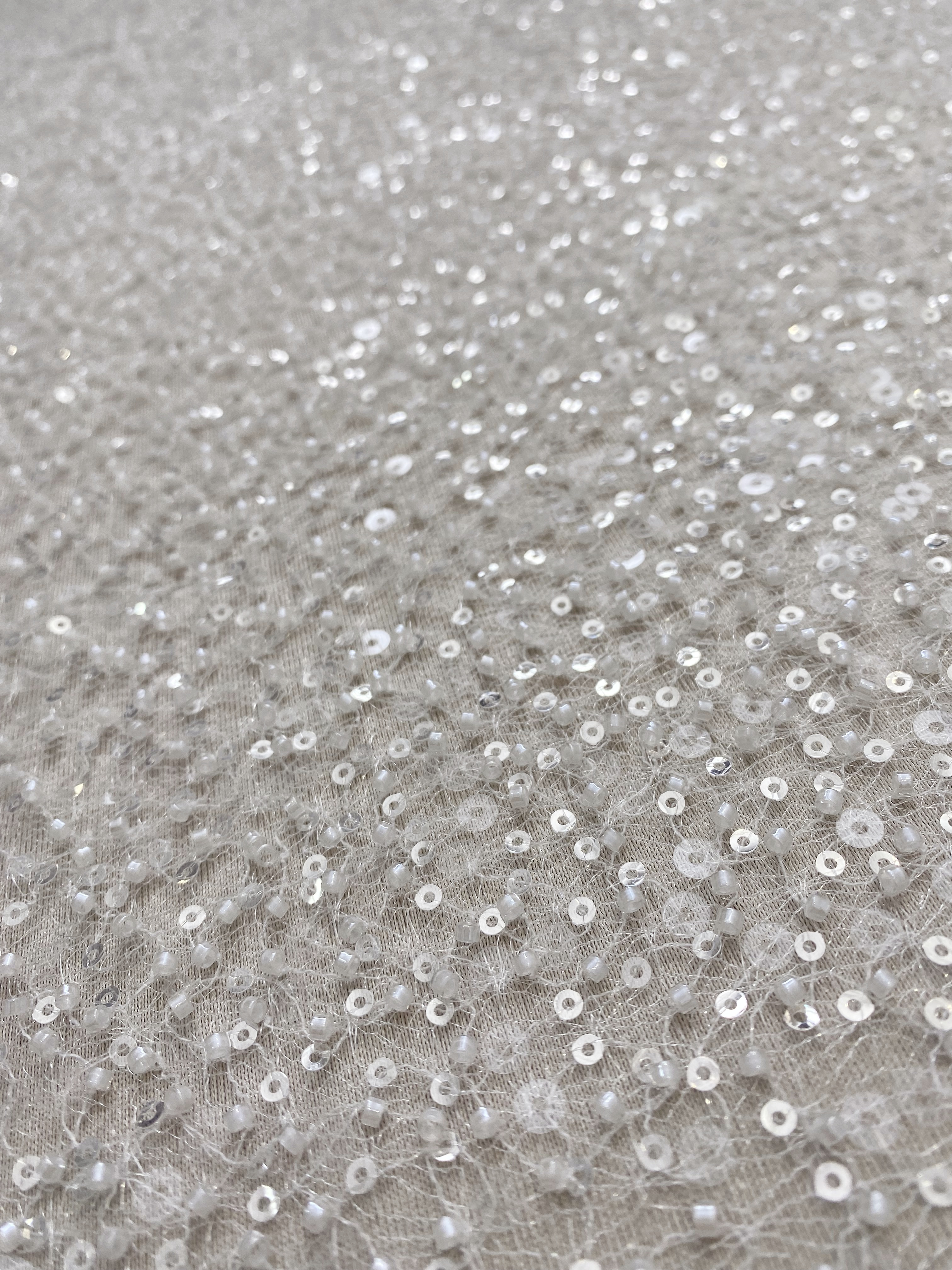 Luxury Beaded Tulle Lace Fabric, Ivory Heavy Sequin Bridal Mesh by the Yard for Wedding Dress & Veil