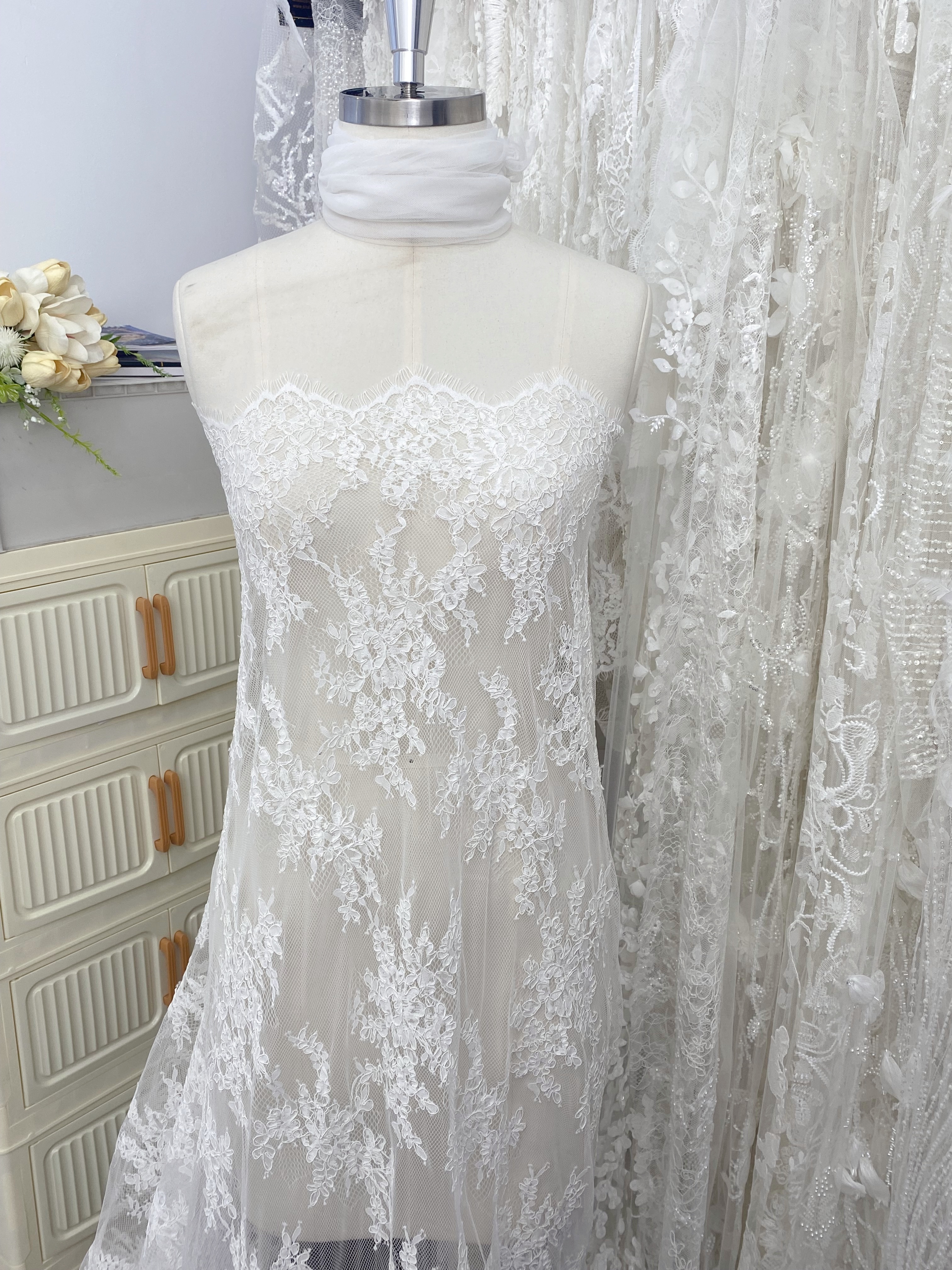 Ivory French Alencon Lace Fabric with Eyelash, 3 Meters Corded Chantilly Lace for Bridal Gown, Wedding Dress