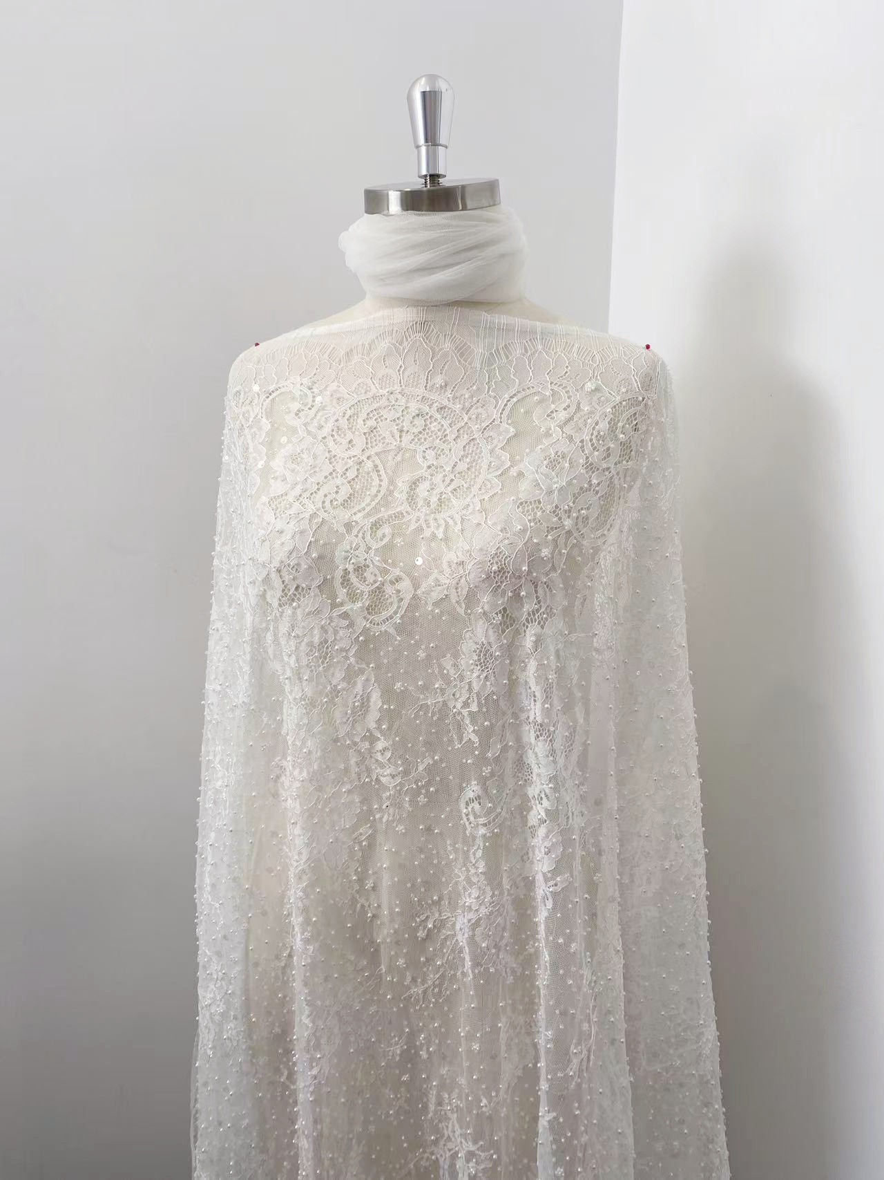 2026 White Pearl Chantilly French Eyelash Lace Fabric, Beaded Floral Scalloped Lace Fabric for Wedding Dress Veils, Price per 3 Meters