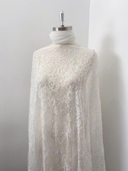 2026 White Pearl Chantilly French Eyelash Lace Fabric, Beaded Floral Scalloped Lace Fabric for Wedding Dress Veils, Price per 3 Meters