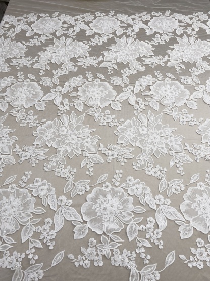 Ivory Floral Lace on Mesh with Large Appliqués, Delicate Bridal Flower Lace Fabric For Gown Prom, Wedding Dress Lace