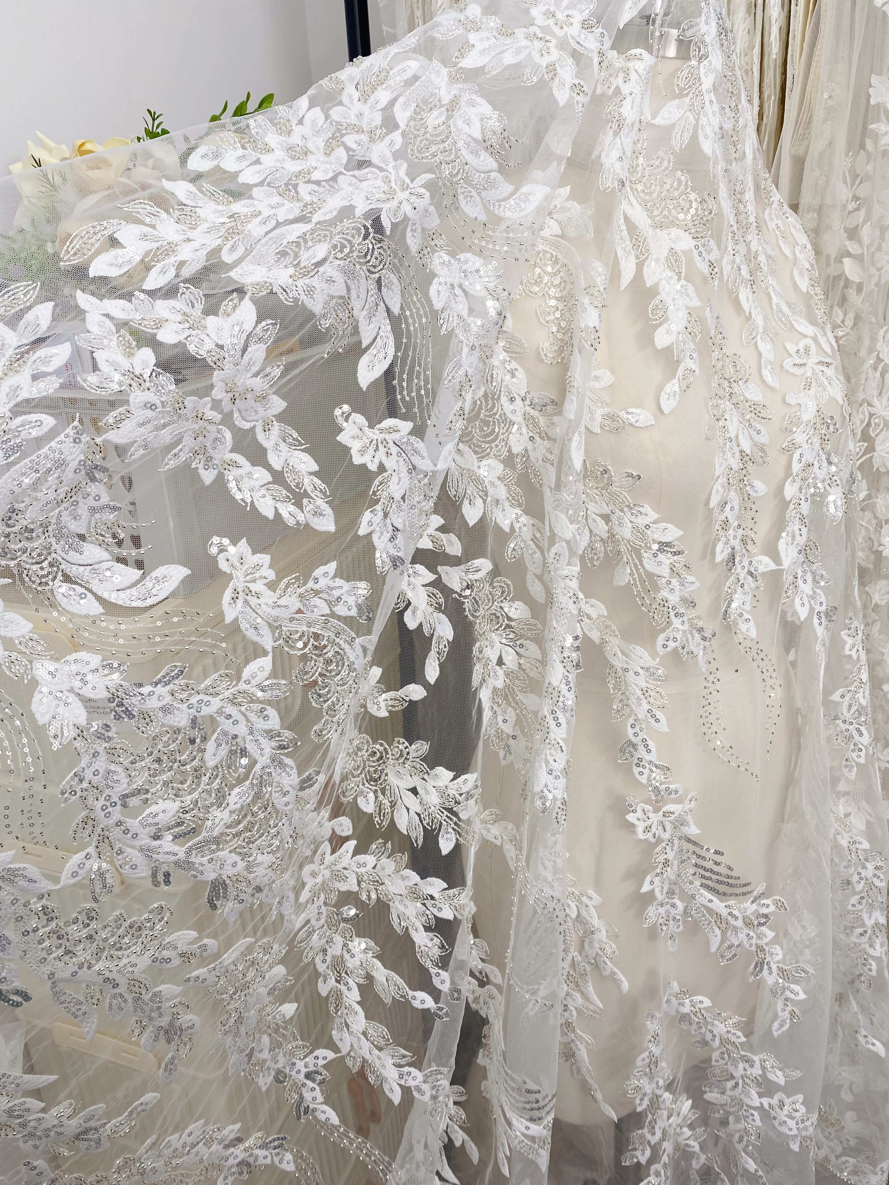 Leaves Embroidery Fabric with Beads and Sequins, Lace fabric for Wedding Dresses, Bridal Veil, Evening Gowns, Tulle Mesh Material