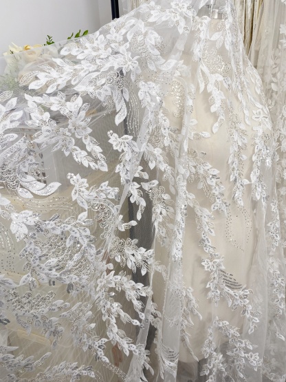 Leaves Embroidery Fabric with Beads and Sequins, Lace fabric for Wedding Dresses, Bridal Veil, Evening Gowns, Tulle Mesh Material