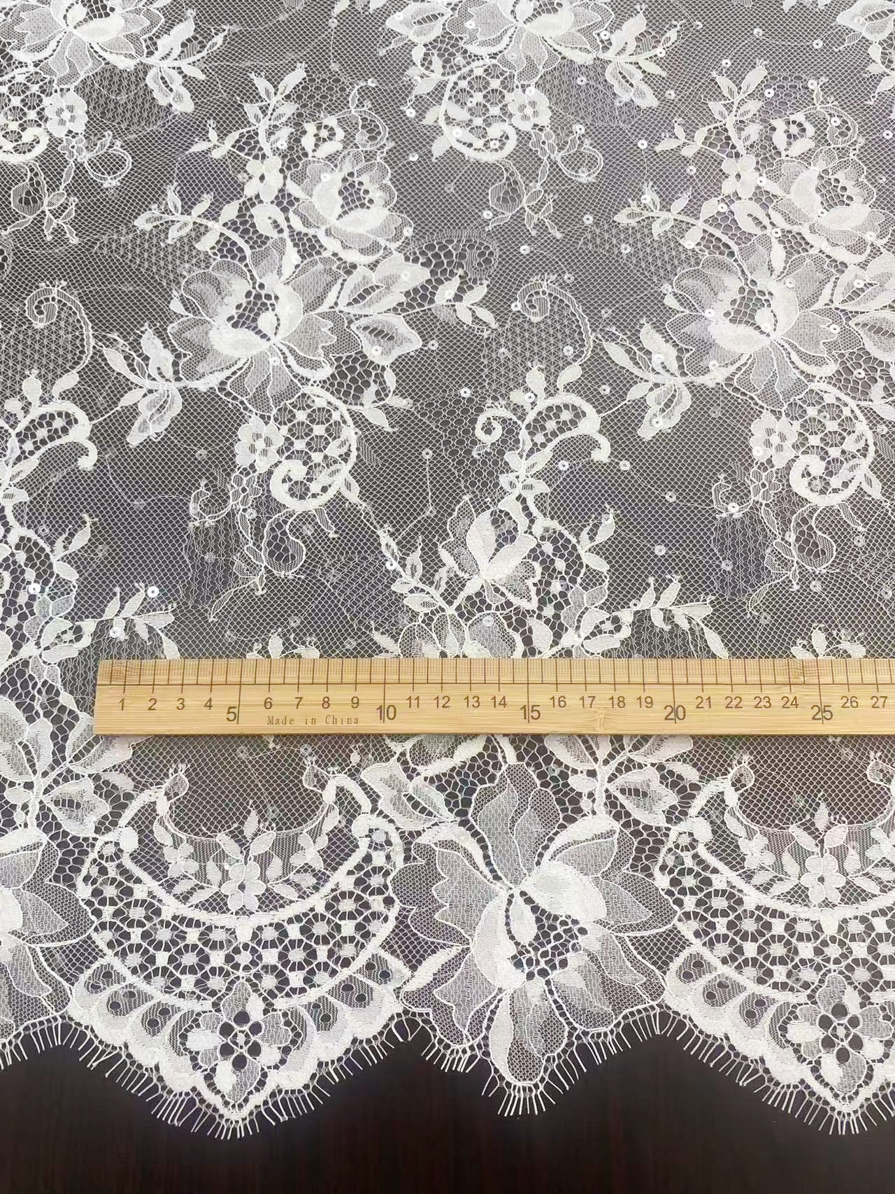 Clear Sequins French Chantilly Lace Fabric, Ivory Bridal Floral Lace with Eyelash for Wedding Dress, Veil, Overlay, Sold by 3 Meters 1 Piece